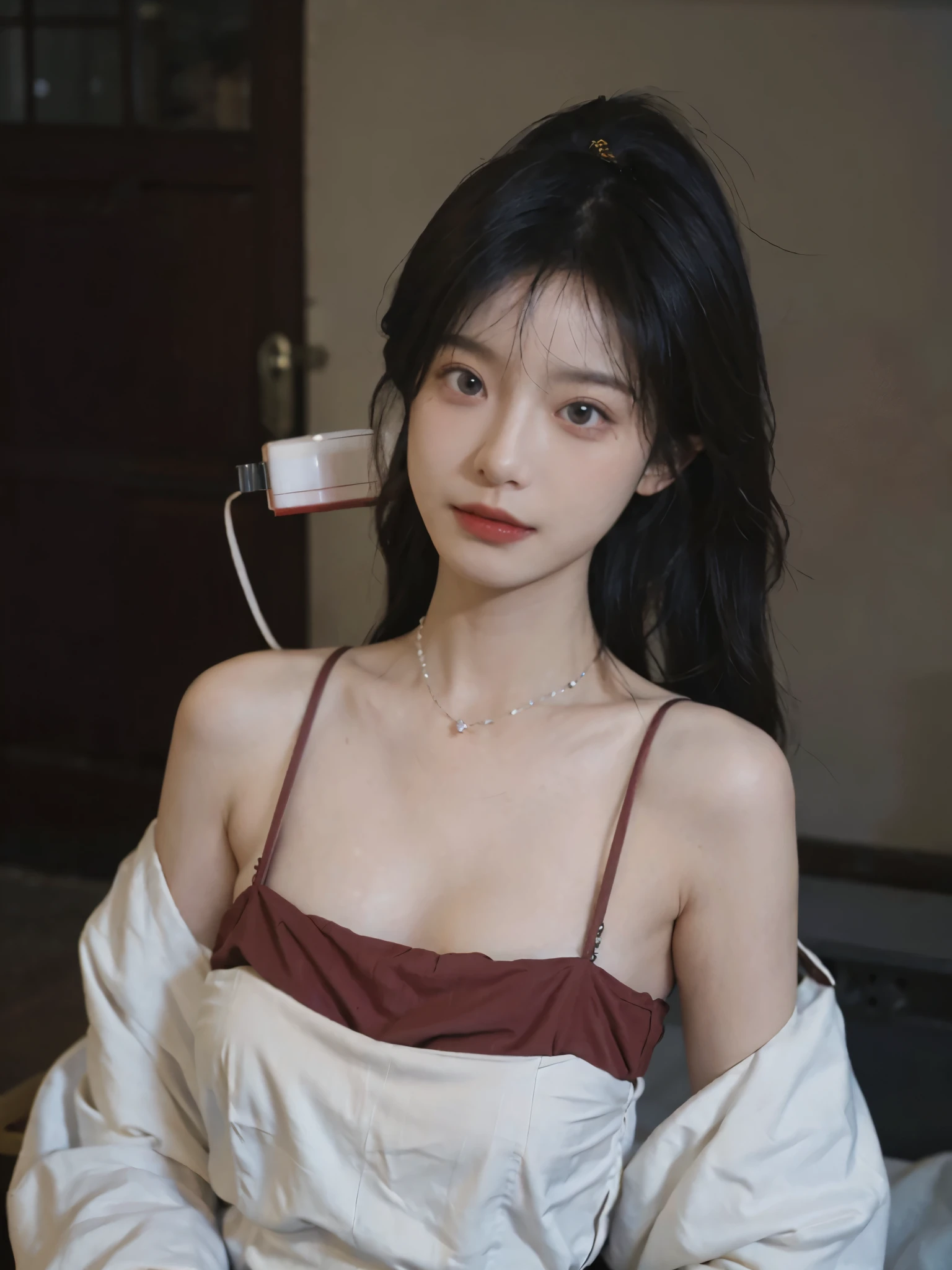 Film portrait photography, 2 girls, Bare shoulders,Lipstick,(flat chest:1.4), Wear a necklace,Cute expression,Exquisite makeup,Red suspenders,serene, calm, (Realistic and detailed eyes, Natural skin texture, Realistic facial details), Big breasts:1.6,Big Breasts,Soft dramatic lighting, Depth of Field, Bokeh, Vibrant details, Detailed and detailed, Surreal, 35mm film, hazy, ,