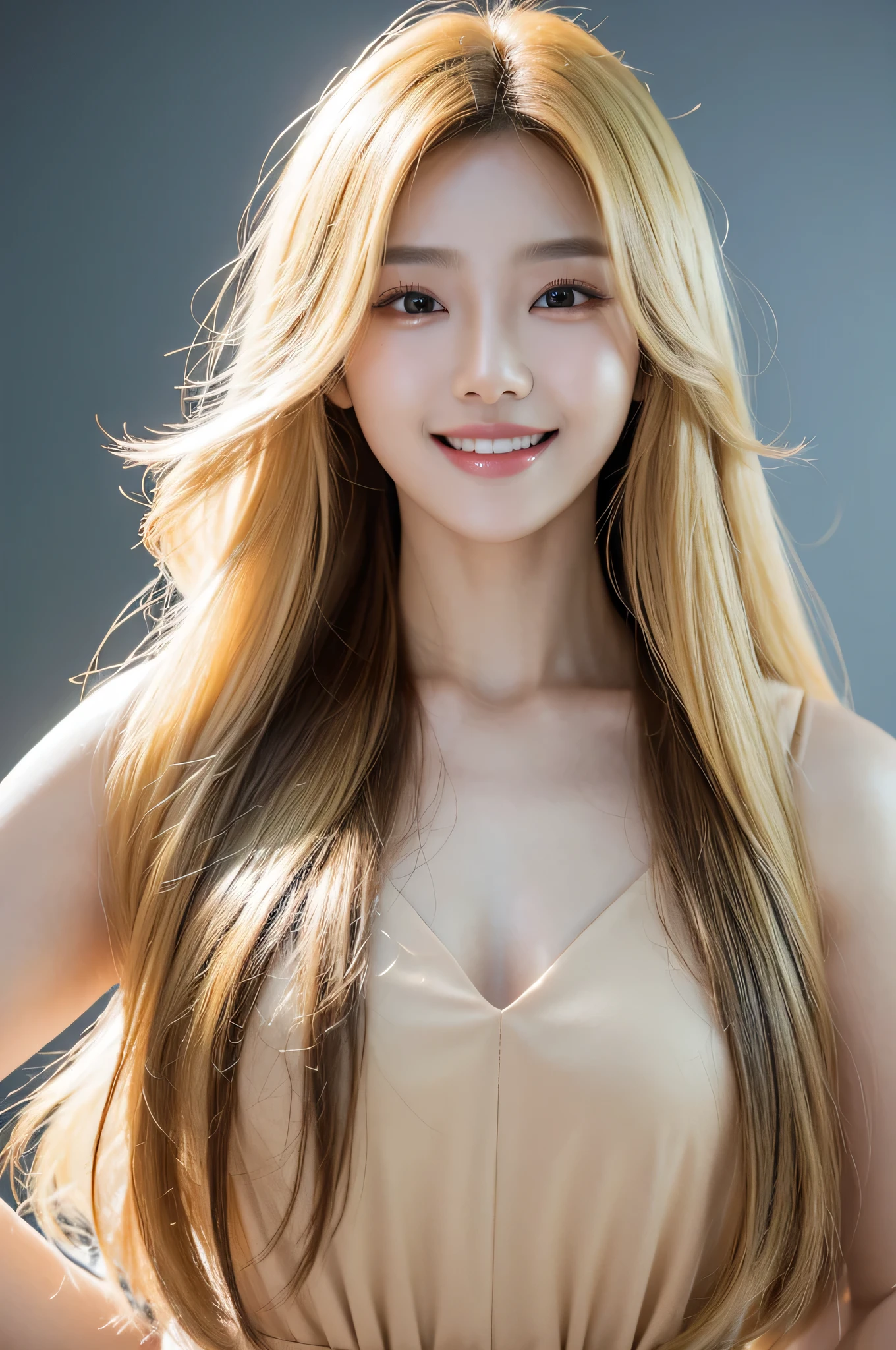 Korean, beauty, K-pop, long hair, Portraiture, actress, model, Idol, one person, Delicate and highly functional, High resolution, smile, teeth, Studio shot, lighting, Blonde