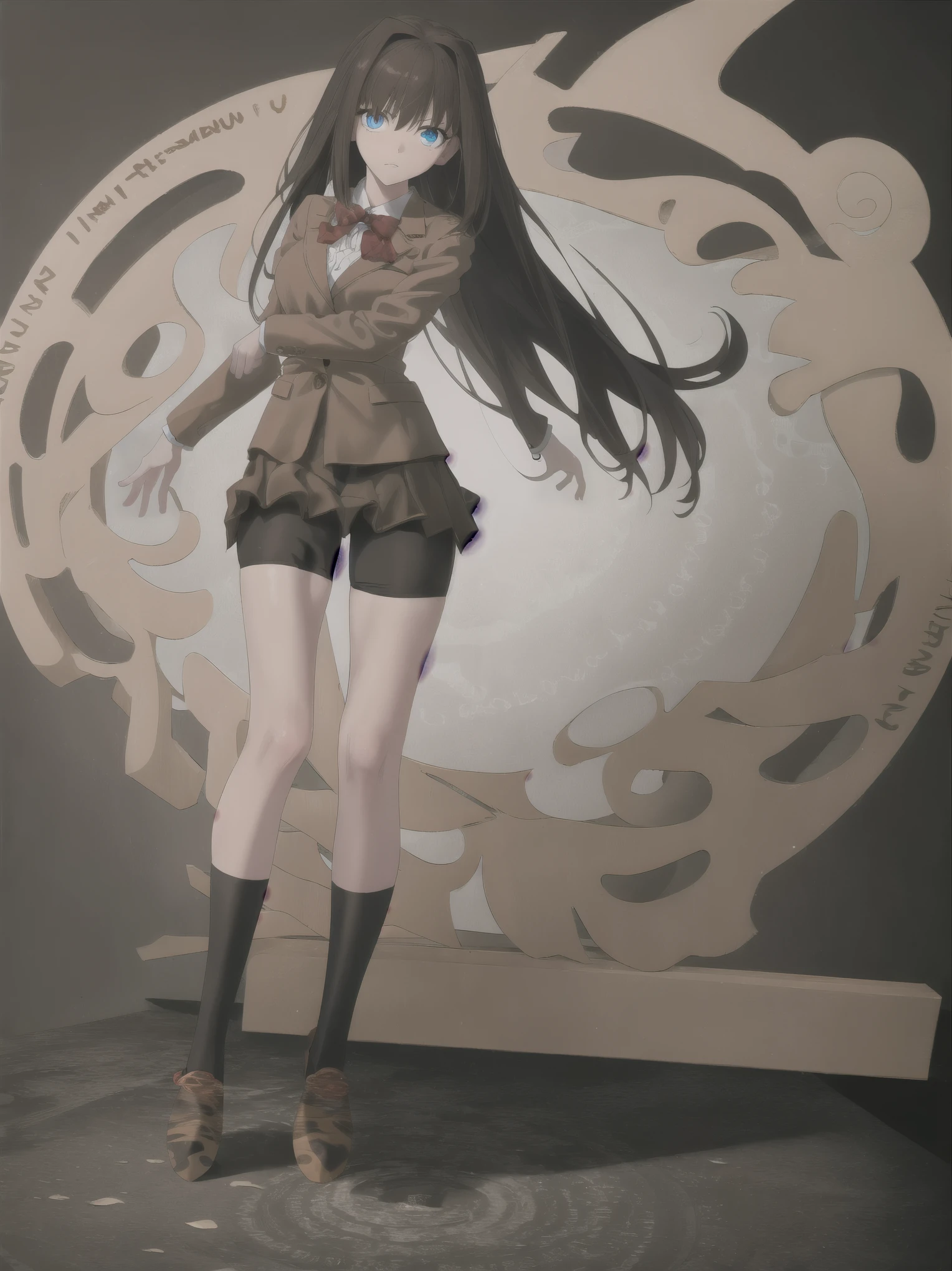 BREAK blank background, empty white background, BREAK (masterpiece:1.2), best quality, high resolution, unity 8k wallpaper, (illustration:0.8), (beautiful detailed eyes:1.6), extremely detailed face, perfect lighting, extremely detailed CG, (perfect hands, perfect anatomy), ((1girl:1)), ((solo:1.5)), bbaoko, (((only 2 legs:1.5))), (lush luscious hair:1.5), serious, blue eyes, (very long hair:1.1), ((long swirling hair:1.7), (chestnut-brown hair with slightly reddish undertone), red bowtie, (Form-fitting beige blazer:1.5), brown jacket, (highly detailed beautiful face:1.2) (white shirt:1), (well shaped large breasts:1.3), nice hips, (((Umber pleated-skirt:1.5))), (((black spandex shorts:1.5))), (nice thighs:1.2), (2 symmetrical thigh-high stockings:1.3), (umber Strap-Shoes:), (facing front:1.5), ((standing straight:1.5)), ((Fullbody in frame including full shoes:1.6)), ((Full body:1.5)), (white background:1.5), (((empty background:1.5))),