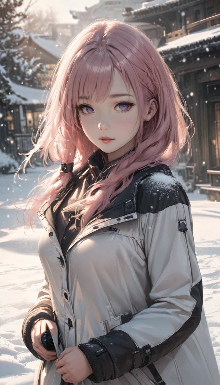 realistic photos of (1 cute Korean star) Shoulder-length hair, thin makeup, medium breasts size, wearing coat, in the snow, clear facial features, 8K high resolution, sharp and realistic details.from outside, Eye-Level Shot, f/4.0, 135mm, Fujifilm, jpeg artifacts, dithering, UHD, masterpiece