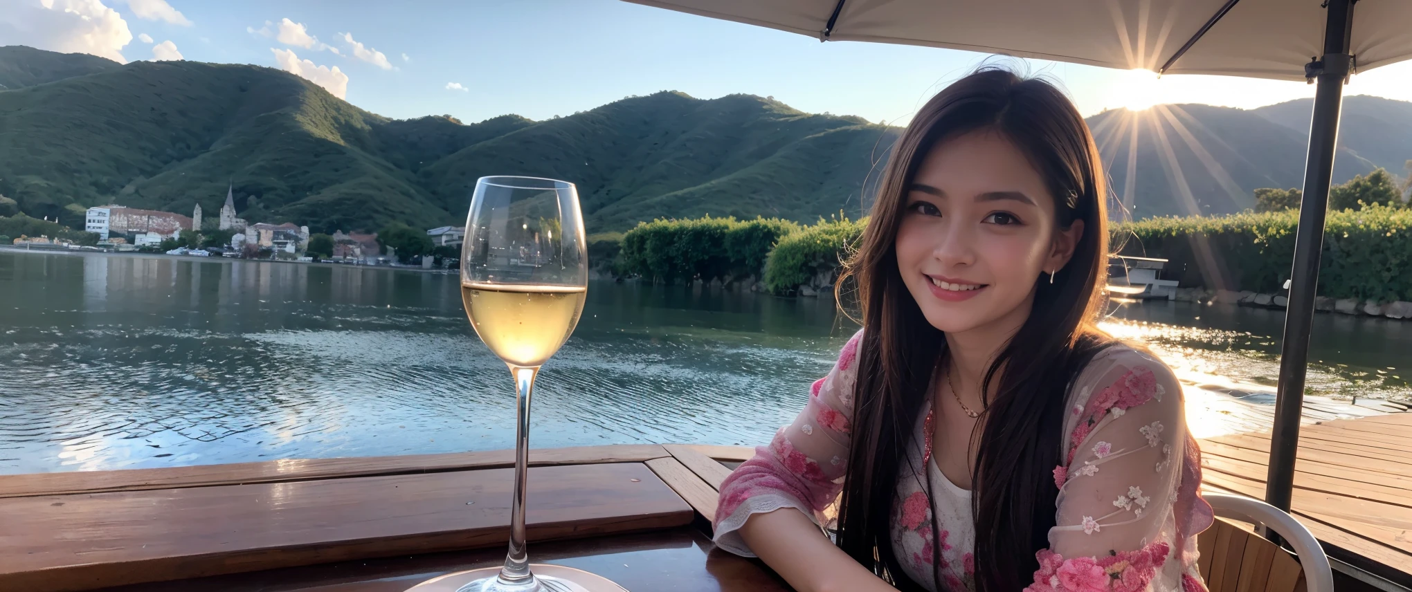 ((highest quality、8k、masterpiece:1.3))、1 male、1 female、Couple、Spouse、Couple、The body is slim、((Bob Hale、Straight hair:1.2)), (Realistic, Intricate details:1.2), テーブルの上のwine glass、Shine light on your face、 Amazing view of the sunset sky and clouds、Amazing mountain views、A bright smile、The wonderfulness of smile、Bright image、The beauty of wine, Beautiful Face, blue eyes, The light shines on your face, Blushing, short hair,Bright Face、 (Age 37), 39 years old, red wine 、Appetizers、Italian food、Wine bottle、Champagne、sparkling wine、Two beauties、Brown Hair、Shortcuts、Long sleeve shirt、dress、Pretty Woman 1, (slimな顔), (The body is slim), (Brown Hair), (Shortcuts), cheeks turn a little red,Attractive beauty、restaurant, In a prominent place (From the waist up) Nova Frog Style, actress, model, Upper Body, White wine, slim, wine glass, 中央に置かれたwine glass, smile, (smile: 1.15), Beautiful fine grain, Depth f/2,saturation, High Contrast, Strong light and shadow,Moist Body:1.5、3D texture、Delicate eyes、Brown Hair、The hair is very shiny、