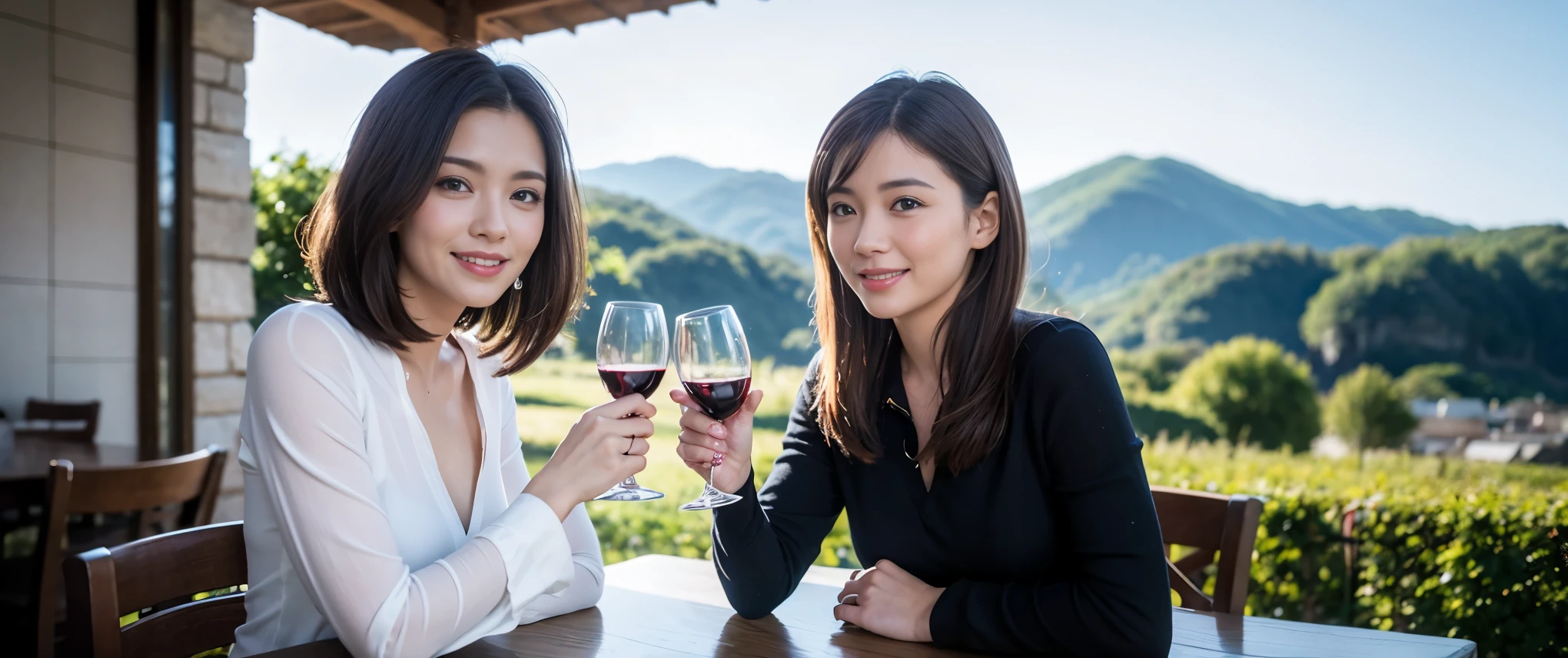 ((highest quality、8k、masterpiece:1.3))、1 male、1 female、Couple、Spouse、Couple、The body is slim、((Bob Hale、Straight hair:1.2)), (Realistic, Intricate details:1.2), テーブルの上のwine glass、Shine light on your face、 Amazing view of the sunset sky and clouds、Amazing mountain views、A bright smile、The wonderfulness of smile、Bright image、The beauty of wine, Beautiful Face, blue eyes, The light shines on your face, Blushing, short hair,Bright Face、 (Age 37), 39 years old, red wine 、Appetizers、Italian food、Wine bottle、Champagne、sparkling wine、Two beauties、Brown Hair、Shortcuts、Long sleeve shirt、dress、Pretty Woman 1, (slimな顔), (The body is slim), (Brown Hair), (Shortcuts), cheeks turn a little red,Attractive beauty、restaurant, In a prominent place (From the waist up) Nova Frog Style, actress, model, Upper Body, White wine, slim, wine glass, 中央に置かれたwine glass, smile, (smile: 1.15), Beautiful fine grain, Depth f/2,saturation, High Contrast, Strong light and shadow,Moist Body:1.5、3D texture、Delicate eyes、Brown Hair、The hair is very shiny、