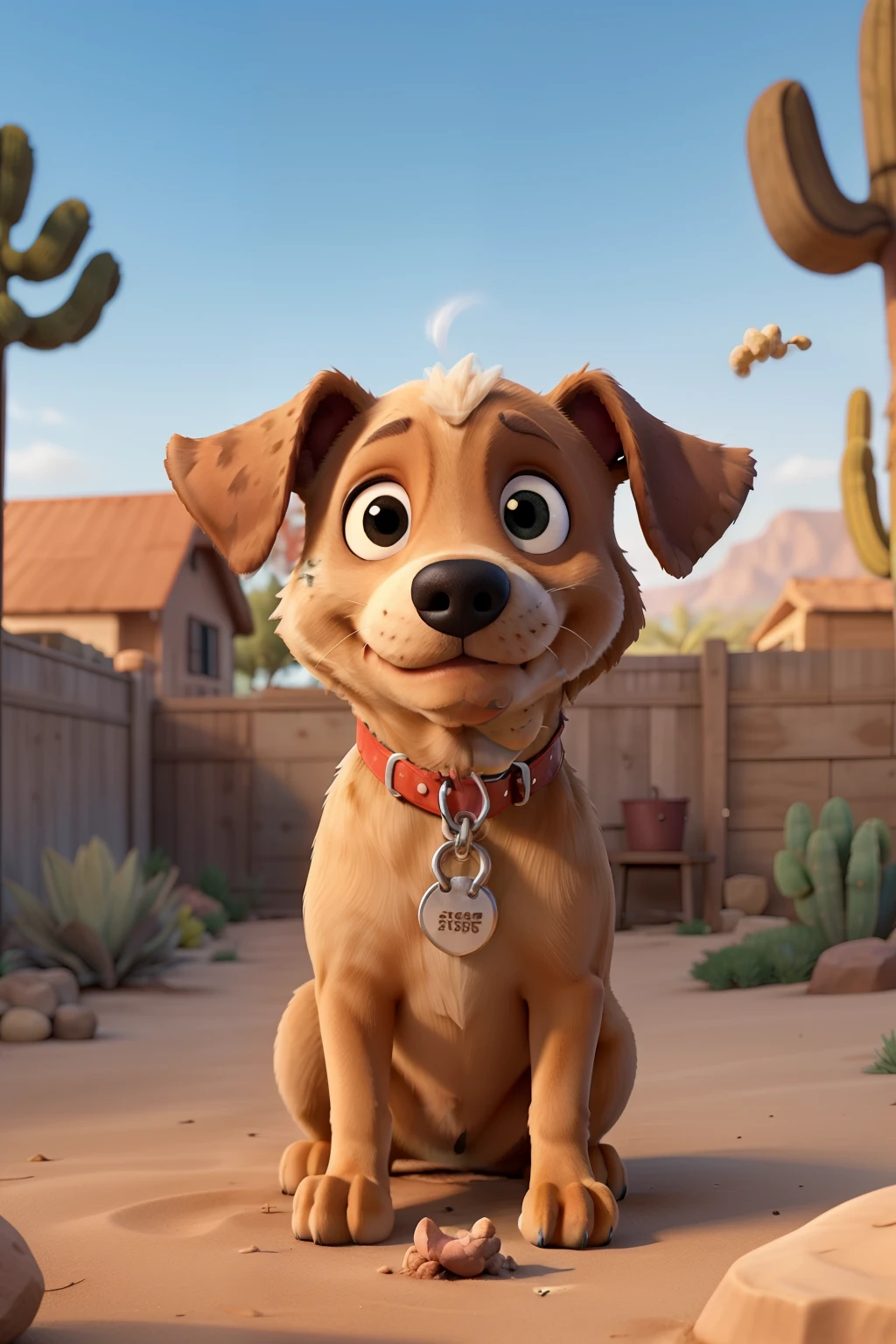Scooping dog poop for dog in backyard with desert landscape