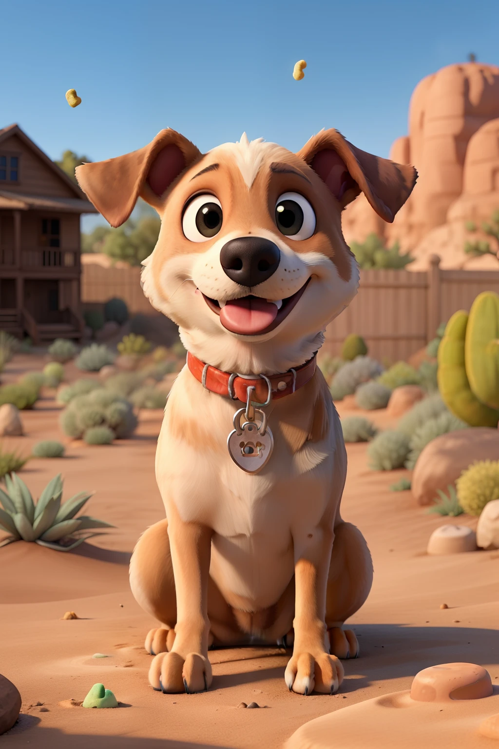 Scooping dog poop for dog in backyard with desert landscape