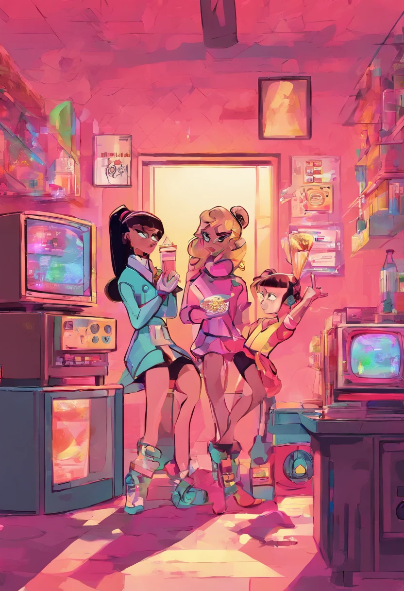The Powerpuff Girl, cartoon, 3girls, watching tv, popcorn, laboratory, colorful, (realistic), render, octane, 8k, masterpiece, best quality, amazing quality, very aesthetic, absurdres, best shadow, best lightning