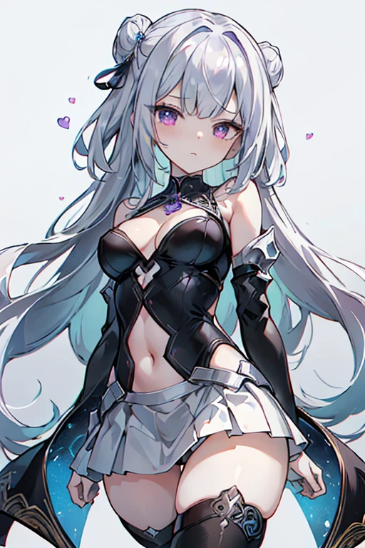 1girl, anime, cute girl, blank background, white background, fantasy, detailed fantasy dress with highlights, beautiful face, beautiful eyes, dark colors, black hair with multicolor streaks, red eye with different color pupil in eye, multicolor eye, medium breasts, slight cleavage, beautiful skin, cute, breast curtains, extremely delicate and beautiful, (beautiful detailed face:1.0), (detailed deep eyes), symmetrical breasts, deep eyes, shiny skin, portrait, slender waist, hips wider than shoulders, thighs, expressionless, young girl, luminous eyes, adorable,(Kpop idol),(aegyo sal:1),(Platinum blonde hair:1),((puffy eye)),Black panty,sexy posture,Superskirt, Ultra-high resolution,Black collar,slim figure, Abdominal y tattoo, womb tattoo,Tight-fitting leg ring,y tattoo on half-body,Bare skin, Armored hand,Hidden fingertips,Hand covered,Arm covered,Fist covered,{{beautiful detailed fingers}}, tufts of hair, moderate beautiful breast:1.0,(masterpiece:1.2), best quality, high-res, HDR, perfect face, intricate armor, delicate blue filigree, intricate filigree, red metalic parts, detailed part, dynamic pose, dynamic lights, cute face, neutral expression, shuimobysim, lotus, hanfu, maxi skirt, dress conservatively 1girl, solo, long blue hair, standing, One lady,14years,((White hair) ,(Shiny purple bodysuit with microskirt),((Fantasy, Moon Night)), gradient_eyes,
