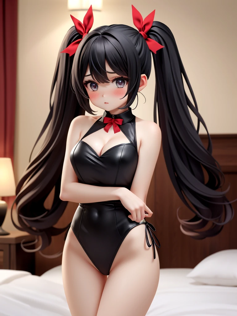 A woman with big ,Black long hair,twintails,Exquisite,Red ribbon,sleeveless,(transparent),Loose collar,Protruding lower chest,Slim waist,blush,bedroom,