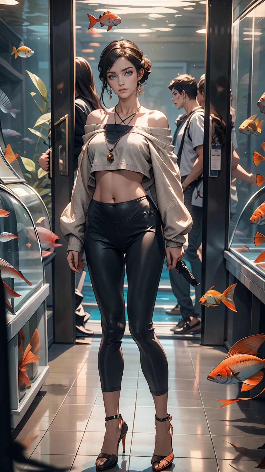 24-year-old woman、Wear off-the-shoulder tops、I can see my belly button、Wear low rise leggings、Wear stiletto heels、Being in the aquarium、Standing in front of a large aquarium filled with fish