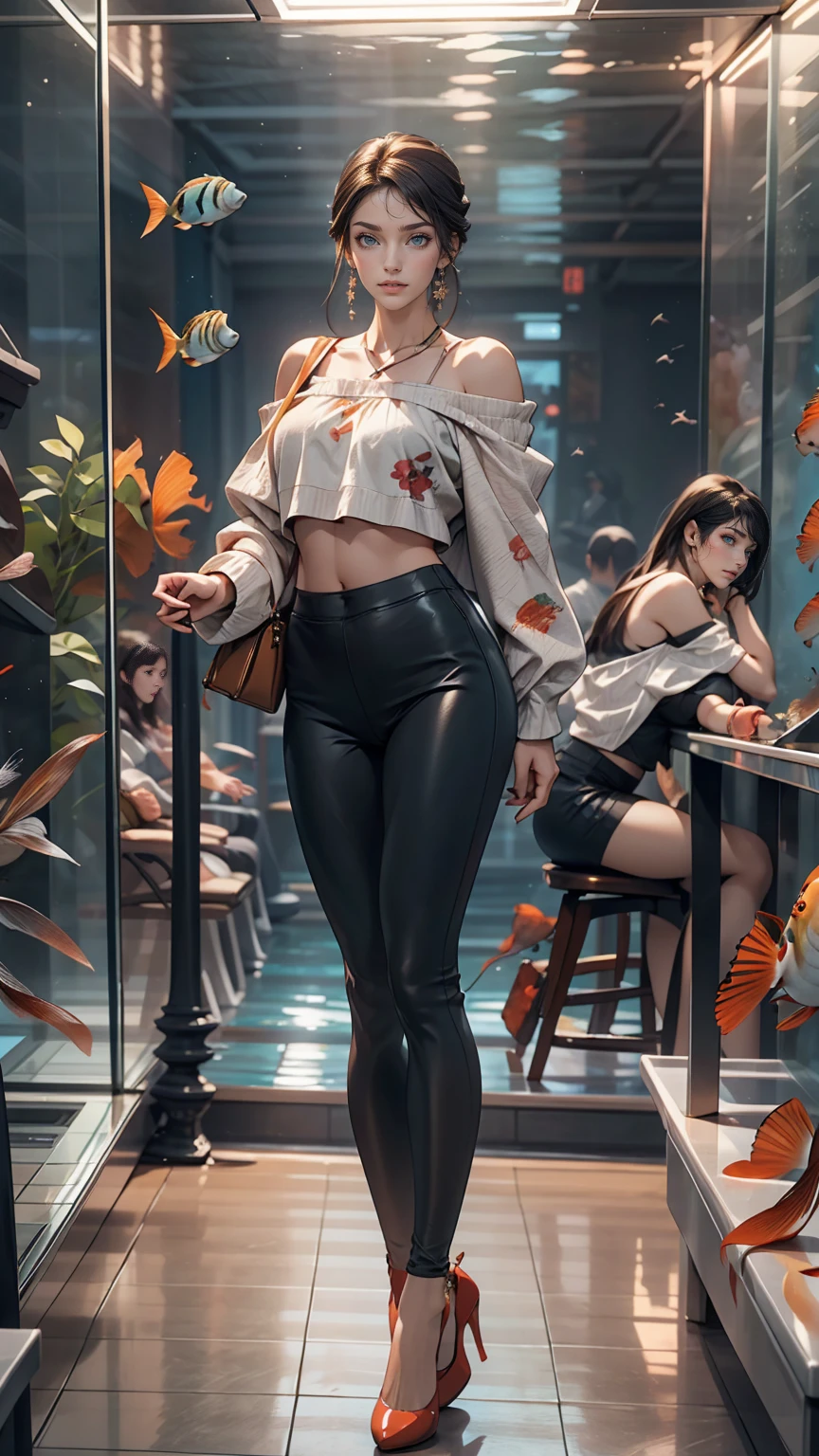 24-year-old woman、Wear off-the-shoulder tops、I can see my belly button、Wear low rise leggings、Wear stiletto heels、Being in the aquarium、Standing in front of a large aquarium filled with fish