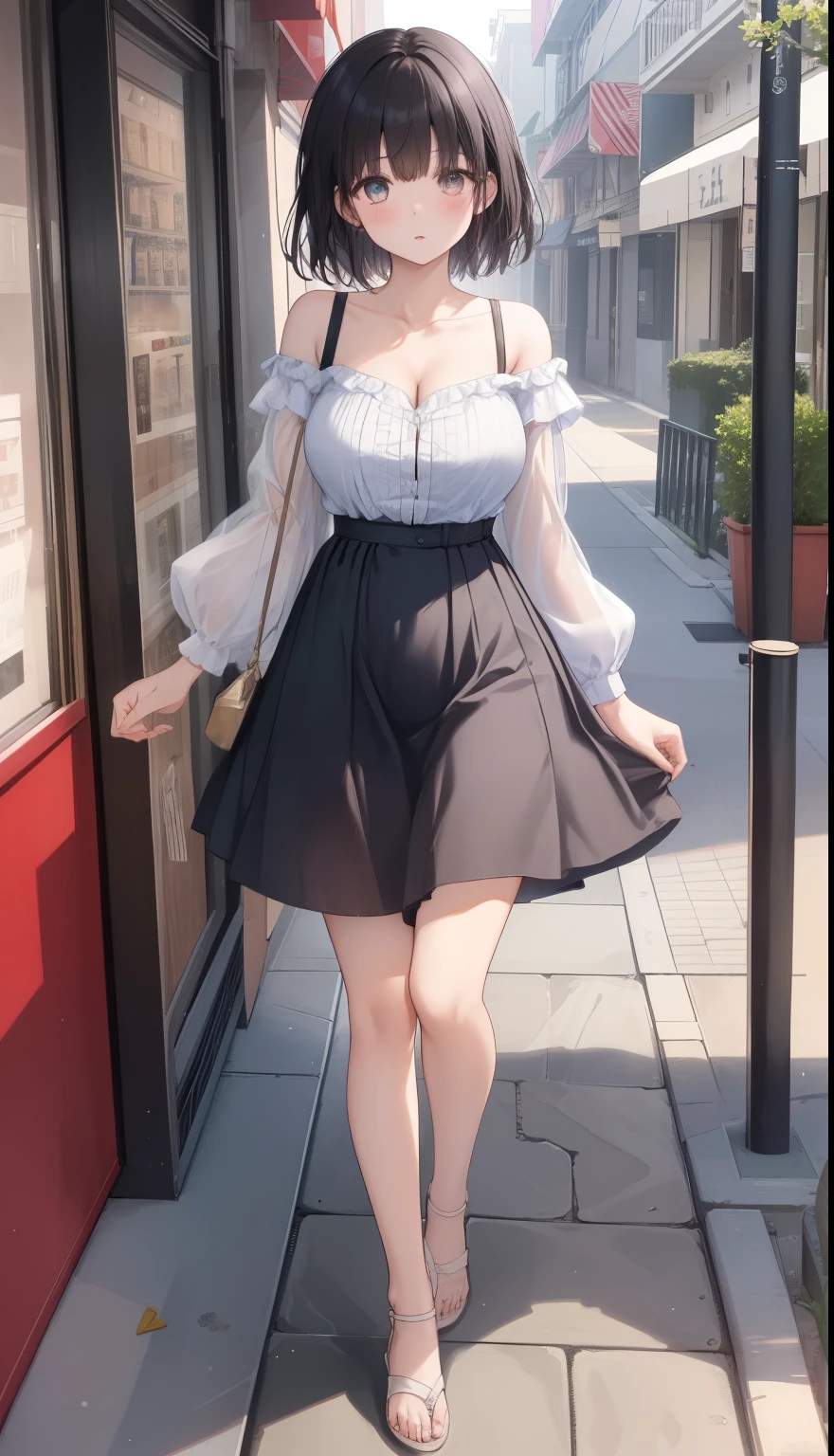 One Girl、positive、Standing posture、Full body portrait、Black Hair、Medium Haircut、blush、Absolute area、No panties、No bra、barefoot、Light blue dress、Off-the-shoulder dress、(Very large breasts)、Cleavage、((Lesbians around the world))、masterpiece、(highest quality) 、Shirt buttons fly off、Unbutton your shirt、Exposing the breasts、In town、Date、Shopping Street、White Sandals、A man stands behind