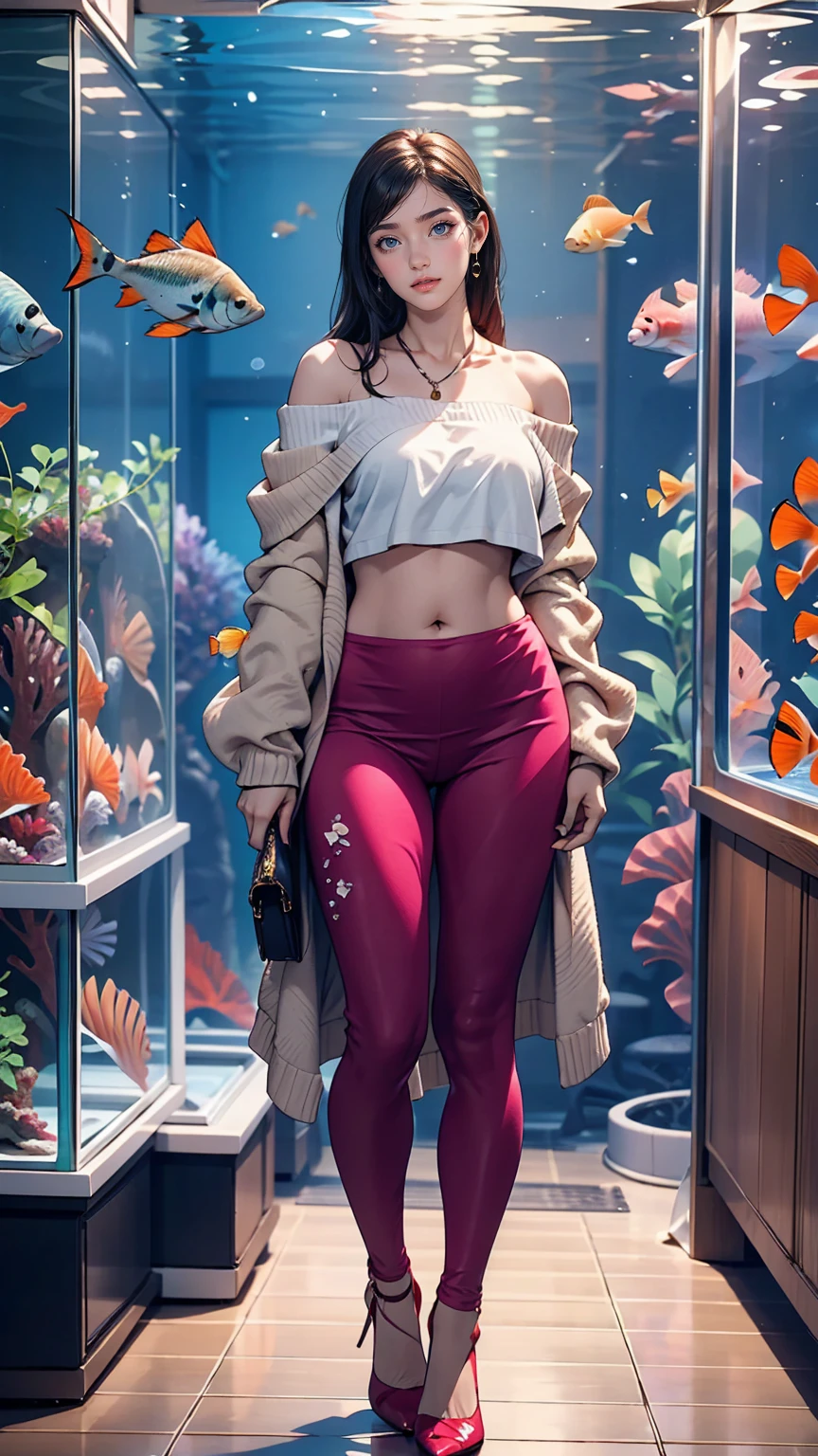 24-year-old woman、Wear off-the-shoulder tops、I can see my belly button、Wear low rise leggings、Wear stiletto heels、Being in the aquarium、Standing in front of a large aquarium filled with fish