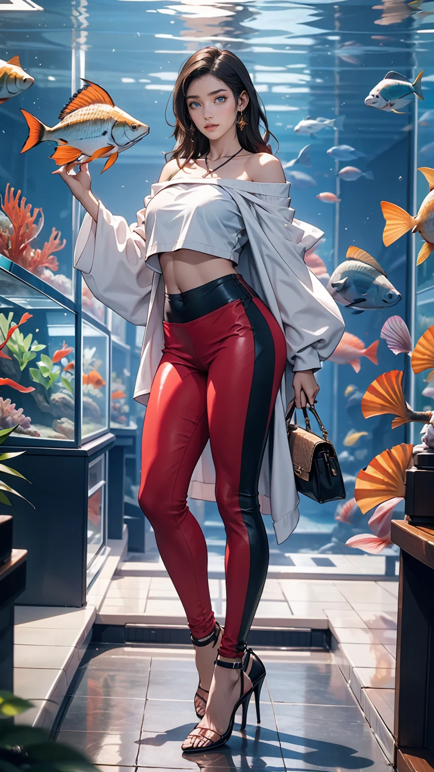 24-year-old woman、Wear off-the-shoulder tops、I can see my belly button、Wear low rise leggings、Wear stiletto heels、Being in the aquarium、Standing in front of a large aquarium filled with fish