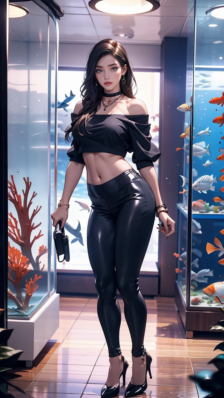 24-year-old woman、Wear off-the-shoulder tops、I can see my belly button、Wear low rise leggings、Wear stiletto heels、Being in the aquarium、Standing in front of a large aquarium filled with fish