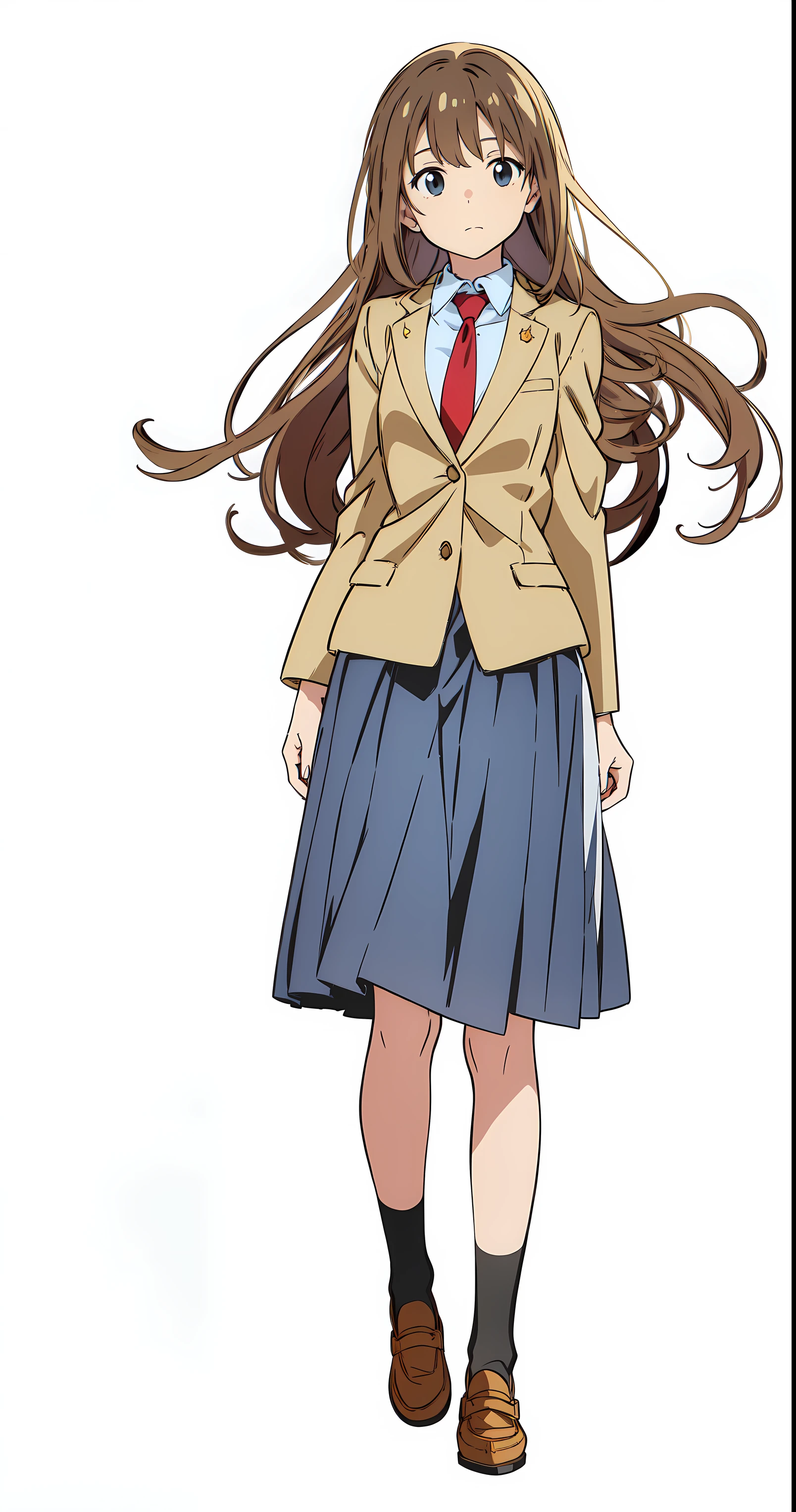 (white background:1.0), (best quality:1.0), (masterpiece:1.0), (super fine illustration:1.0), (beautiful artwork:1.0), (anime screencap:1.0), (official art:1.0), (full body:1.0), (solo:1.0), (HSGα:1.0), (a 18yo cute girl:1.0), (long skirt:1.2), (dark blue skirt:1.0), (pleated skirt:1.0), (school uniform beige blazer:1.0), (red necktie:1.0), (loafers:1.0), (black socks:1.0), (ideal ratio body proportions:1.2), (lanky:1.2), (tall:1.2), (slender:1.2), (small breasts:1.2), (smaller face:1.2), (tareme:1.0), (detailed beautiful eyes:1.0), (detailed beautiful face:1.0), (glowing black eyes:1.0), (long hair:1.0), (brown hair:1.0), (standing:1.0), (looking at viewer:1.0)