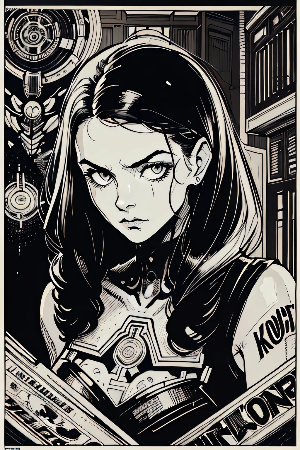 (lora:comic-000009:1.0),(black-and-white)、(extreme high contrast:1.2)、(ink art_Dark ink:1.2)、(vintage poster),1girl in,Adorable,extremely detailed eye,extra detailed face,very detail hair,8K,resolution,Killer