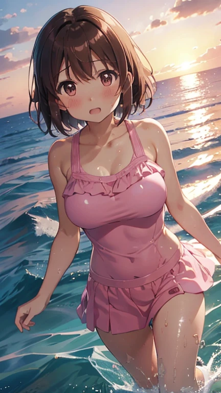 Maho Nishizumi, Pink Swimsuit,Pink Skirt, Semi-short hair,Brown Hair,Brown Eyes,Big Breasts, Confused expression,blush,Open your mouth,Sunset sea,Get wet,Half-body bath,Beautiful image quality,