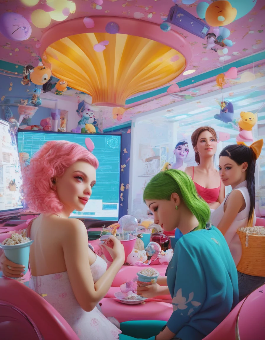 The Powerpuff Girl, cartoon, 3girls, Blossom (pink), Bubbles (blue), and Buttercup (green)., watching tv, popcorn, laboratory, colorful, (realistic), render, octane, 8k, masterpiece, best quality, amazing quality, very aesthetic, absurdres, best shadow, best lightning, score_9, score_8_up, score_7_up, score_6_up, score_5_up, score_4_up