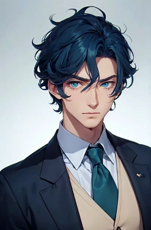 Tall strong man that looks lika a history professor has heterocromia blue and green eyes and curly dark royal blue hair