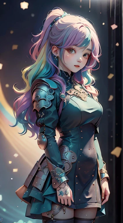 A woman in armor with rainbow hair and a detailed teal dress, Are standing, Rainbow-colored performers, Intricate details, Perfect Face