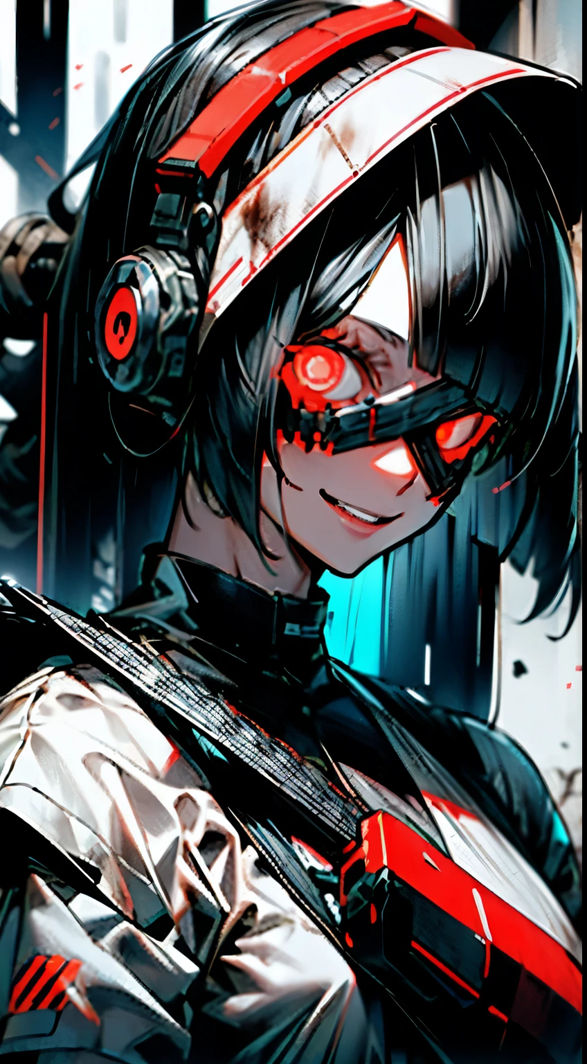 1girl, solo, long_hair, looking_at_viewer, smile, glowing_eyes, holding chainsaw, dystopian city horror background, upper_body, black_hair, blood, mask, glowing, glowing_eyes , holding chainsaw, texas chainsaw girl, horror scane,