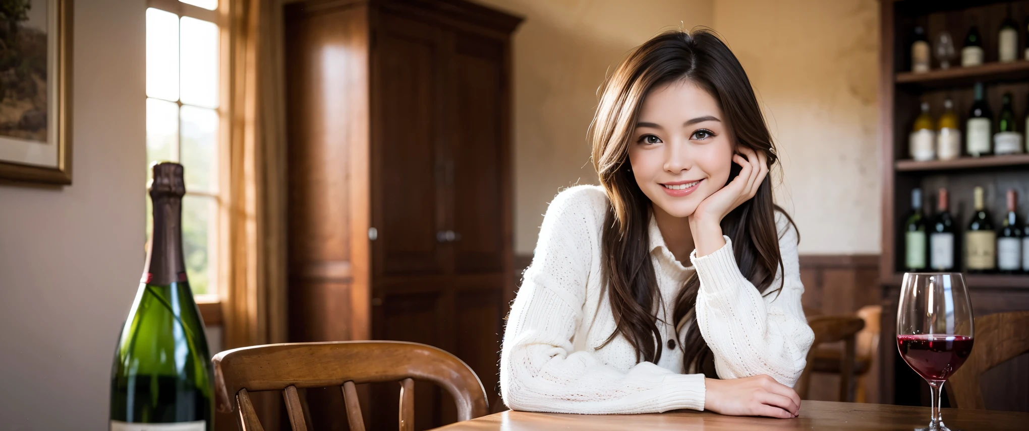 ((highest quality、8k、masterpiece:1.3))、1 male、1 female、Couple、Spouse、Couple、The body is slim、((Bob Hale、Straight hair:1.2)), (Realistic, Intricate details:1.2), テーブルの上のwine glass、Shine light on your face、 Amazing view of the sunset sky and clouds、Amazing mountain views、A bright smile、The wonderfulness of smile、Bright image、The beauty of wine, Beautiful Face, blue eyes, The light shines on your face, Blushing, short hair,Bright Face、 (Age 37), 39 years old, red wine 、Appetizers、Italian food、Wine bottle、Champagne、sparkling wine、Two beauties、Brown Hair、Shortcuts、Long sleeve shirt、dress、Pretty Woman 1, (slimな顔), (The body is slim), (Brown Hair), (Shortcuts), cheeks turn a little red,Attractive beauty、restaurant, In a prominent place (From the waist up) Nova Frog Style, actress, model, Upper Body, White wine, slim, wine glass, 中央に置かれたwine glass, smile, (smile: 1.15), Beautiful fine grain, Depth f/2,saturation, High Contrast, Strong light and shadow,Moist Body:1.5、3D texture、Delicate eyes、Brown Hair、The hair is very shiny、