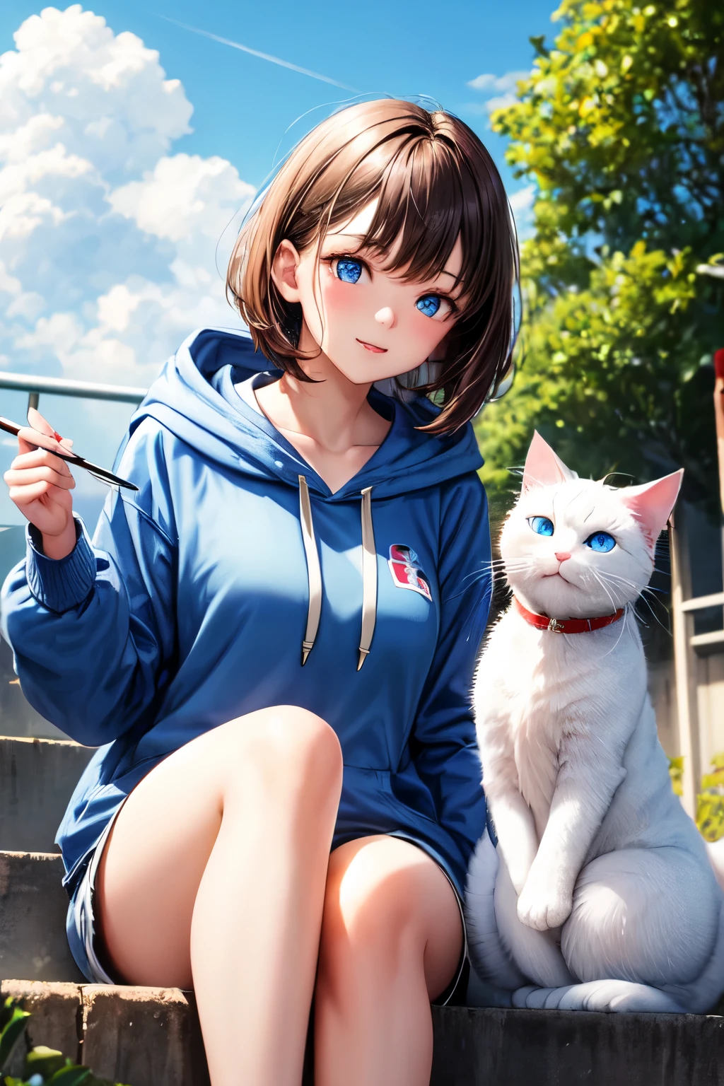 woman,22 years old,Short brown hair,With bangs,blue eyes,hoodie,Shorts,Holding a white cat,blue sky,Nyaohha