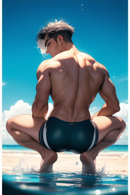 masterpiece, best quality, high quality, 1boy, solo, male focus, looking at viewer, nakajima_atsushi, grey hair, (swim suit: 1.2), t-back side binding, de costas para o espectador, olhando para o espectador, de baixo, nadegas a mostra, squatting de costas, from behind, squatting, virilha exposta, sexual expression, fangs