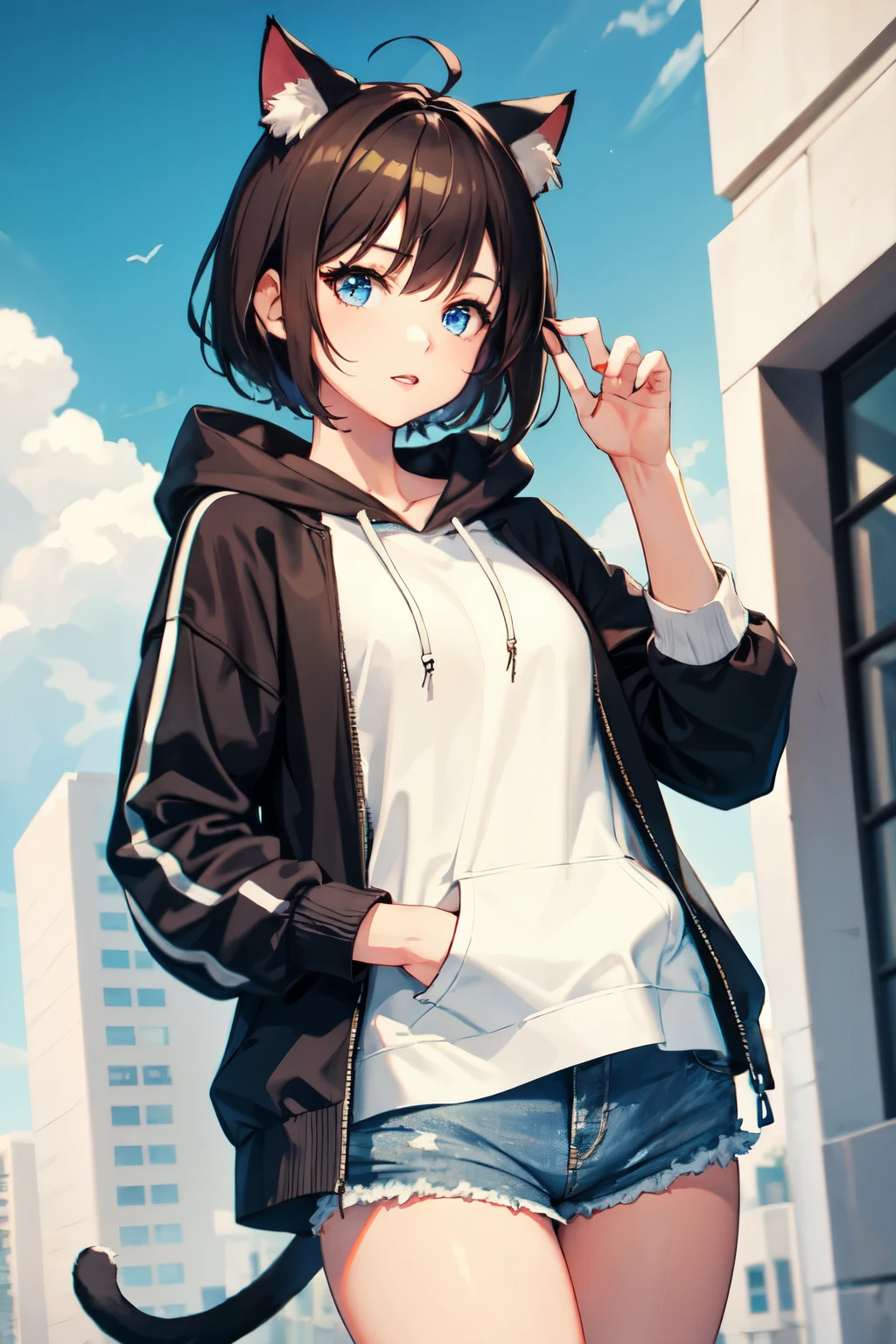 woman,22 years old,Short brown hair,With bangs,blue eyes,hoodie,Shorts,blue sky,Cat ear