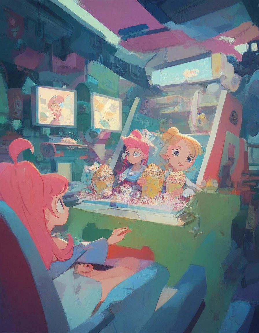 The Powerpuff Girl, cartoon, 3girls, Blossom (pink), Bubbles (blue), and Buttercup (green)., watching tv, popcorn, laboratory, colorfulmasterpiece, best quality, amazing quality, very aesthetic, absurdres, best shadow, best lightning, score_9, score_8_up, score_7_up, score_6_up, score_5_up, score_4_up