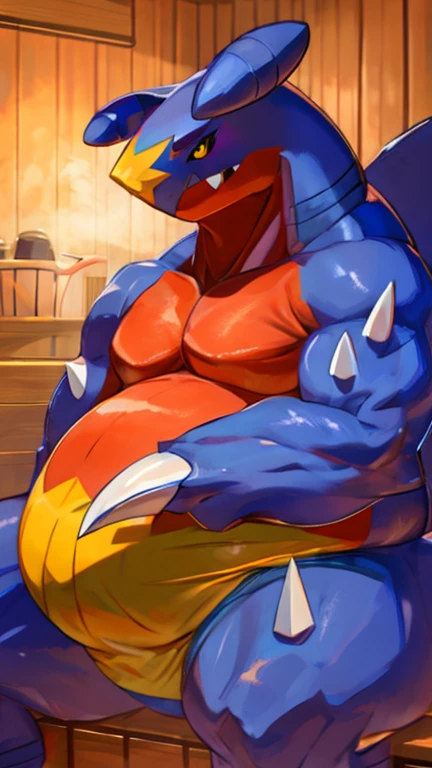 Obese male Garchomp, fat cheeks, small face, massive belly, in a sauna, steamy, sitting, towel around his waist