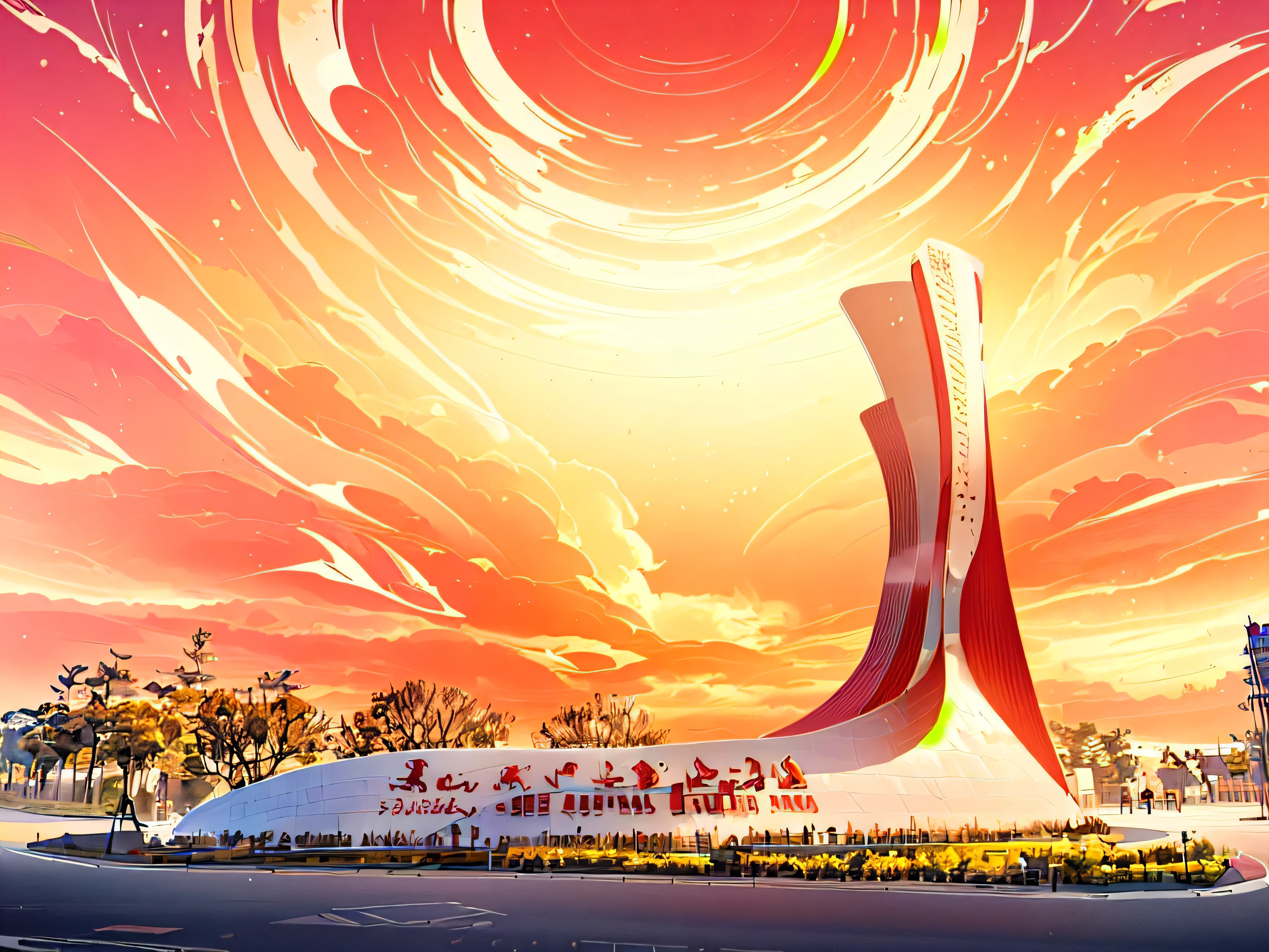 There is a huge red and white sculpture in the middle of the road, Urban sculpture, poster illustration, riverside, Photo showing, View from below, artistic masterpiece, Urban sculpture,A beautiful artistic illustration,masterpiece,Ultra-high detail,high resolution,8K