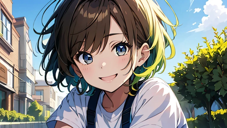 (masterpiece, highest quality, highest quality, Official Art, beautifully、beautiful:1.2), 1 girl,Daytime,blue sky,Cute older sister,Short sleeve,Upper Body,front,short hair,Hair color: Brown,Smile with mouth slightly open,whole body