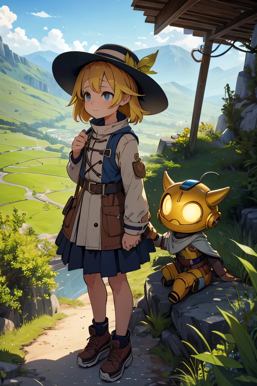 Create a visual description of a scene in Gacha Life style, mixing elements from anime "made in abyss". Create a detailed description of a young futanari girl, approximately 10-12 years, dressed in bright and fantastic hiking clothes, standing or sitting in a mountainous area. Clothes should use a variety of colors and patterns, with an emphasis on blue, green and yellow tones. Place a walking magnifying glass with a warm golden glow in the girl’s hand. In the background, draw a cheerful and cute robot boy about 5-6 feet tall, watching the girl with curiosity. Make sure, that the color palette is bright, joyful and whimsical, conveying a sense of adventure, exploration and playful discovery. Use vivid and descriptive language, to spice up this scene, Best quality, 8K, masterpiece