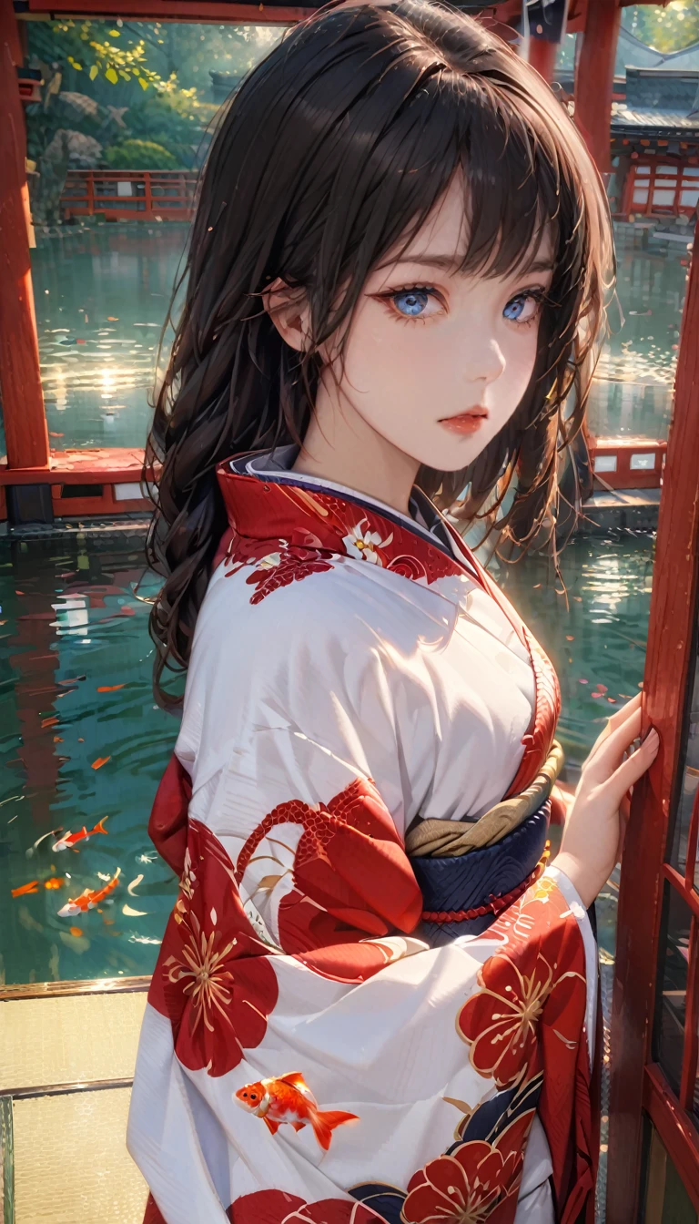 1girl looking at viewer, detailed face and eyes, beautiful intricate kimono, koi pond, traditional japanese shrine, tranquil lake, natural lighting, vibrant colors, detailed environment, (best quality, 8k, highres, masterpiece:1.2), (photorealistic:1.37), cinematic lighting, serene atmosphere, beautiful scenery, detailed reflections, traditional japanese architecture
