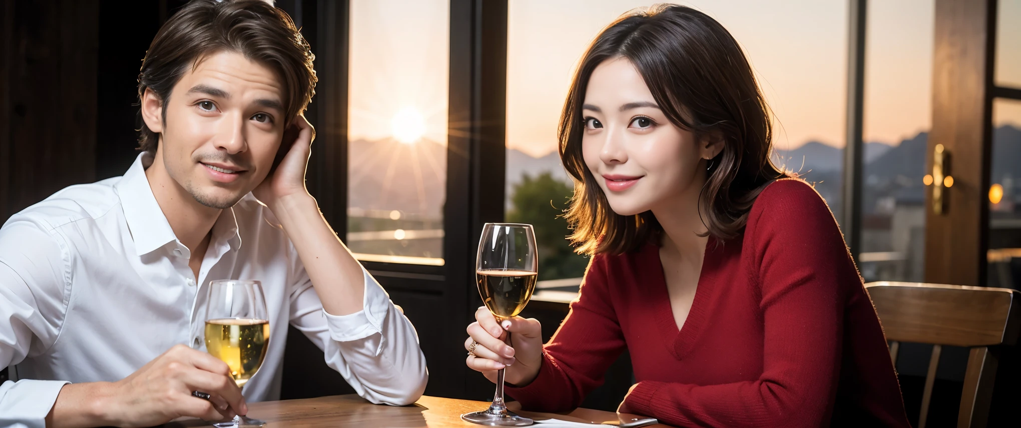 ((highest quality、8k、masterpiece:1.3))、Satomi Ishihara、1 male 1 female、Couple、Spouse、Couple、The body is slim、((Bob Hale、Straight hair:1.2)), (Realistic, Intricate details:1.2), テーブルの上のwine glass、Shine light on your face、 Amazing view of the sunset sky and clouds、Amazing mountain views、A bright smile、The wonderfulness of smile、Bright image、The beauty of wine, Beautiful Face, blue eyes, The light shines on your face, Blushing, short hair,Bright Face、 (Age 37), 39 years old, red wine 、Appetizers、Italian food、Wine bottle、Champagne、sparkling wine、Two beauties、Brown Hair、Shortcuts、Long sleeve shirt、dress、Pretty Woman 1, (slimな顔), (The body is slim), (Brown Hair), (Shortcuts), cheeks turn a little red,Attractive beauty、restaurant, In a prominent place (From the waist up) Nova Frog Style, actress, model, Upper Body, White wine, slim, wine glass, 中央に置かれたwine glass, smile, (smile: 1.15), Beautiful fine grain, Depth f/2,saturation, High Contrast, Strong light and shadow,Moist Body:1.5、3D texture、Delicate eyes、Brown Hair、The hair is very shiny、