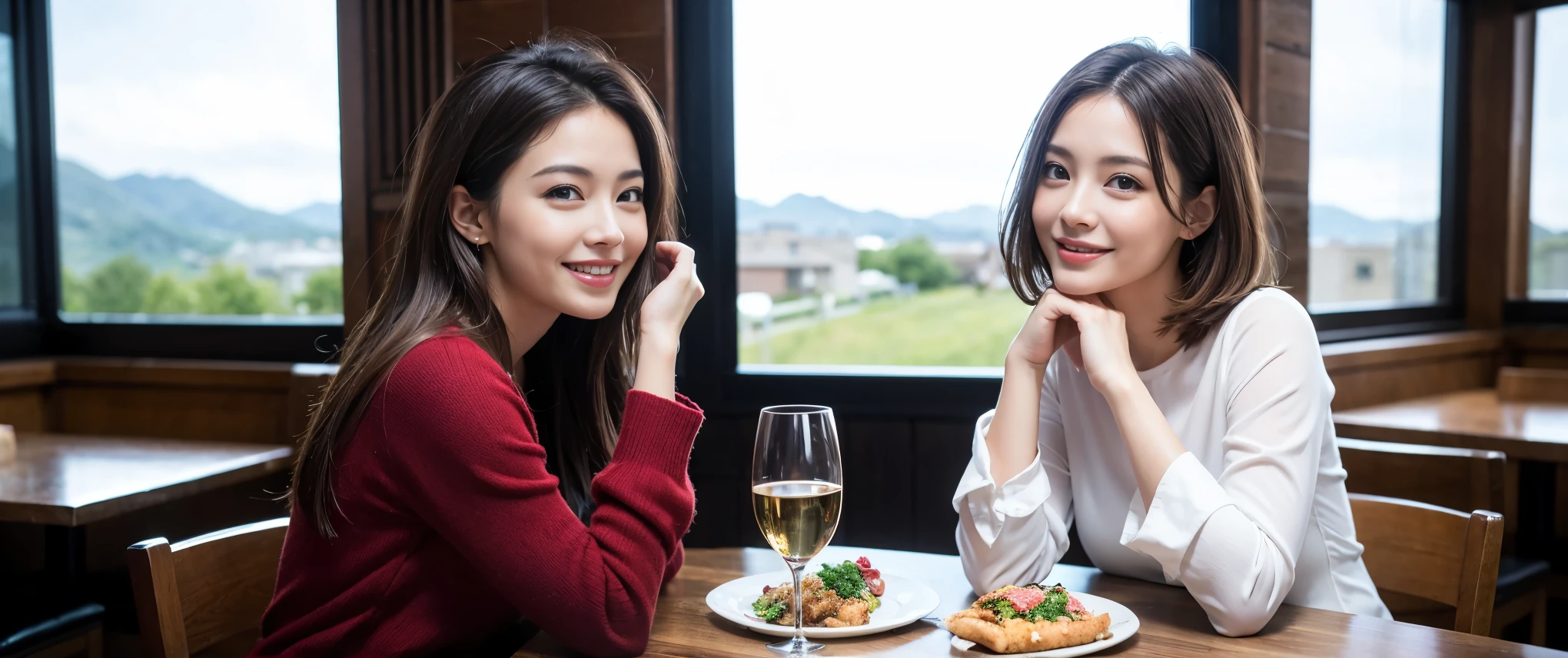 ((highest quality、8k、masterpiece:1.3))、Satomi Ishihara、1 male 1 female、Couple、Spouse、Couple、The body is slim、((Bob Hale、Straight hair:1.2)), (Realistic, Intricate details:1.2), テーブルの上のwine glass、Shine light on your face、 Amazing view of the sunset sky and clouds、Amazing mountain views、A bright smile、The wonderfulness of smile、Bright image、The beauty of wine, Beautiful Face, blue eyes, The light shines on your face, Blushing, short hair,Bright Face、 (Age 37), 39 years old, red wine 、Appetizers、Italian food、Wine bottle、Champagne、sparkling wine、Two beauties、Brown Hair、Shortcuts、Long sleeve shirt、dress、Pretty Woman 1, (slimな顔), (The body is slim), (Brown Hair), (Shortcuts), cheeks turn a little red,Attractive beauty、restaurant, In a prominent place (From the waist up) Nova Frog Style, actress, model, Upper Body, White wine, slim, wine glass, 中央に置かれたwine glass, smile, (smile: 1.15), Beautiful fine grain, Depth f/2,saturation, High Contrast, Strong light and shadow,Moist Body:1.5、3D texture、Delicate eyes、Brown Hair、The hair is very shiny、