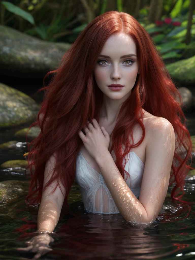 a woman with long red hair in a dress, full body view, ethereal beauty, ophelia, full body, a stunning young ethereal figure, nymph in the water, water fairy, fantasy with water magic, with pale skin, ethereal fairytale, inspired by Arthur Hughes, ellie bamber fairy, red haired goddess, fantasy photoshoot, by Elena Guro. Photorealistic photography.very good quality, aestic,Perfect composition.photo clear.Perfect composition,very good quality photography, photorealistic photo. Very detailed face: eyes , eyebrows,nosem,lips. Beauty. Realistic flowers.Rich color background. Perfect composition..hoto taken at eye level,DSLR,canon EOS RS,ultra quality,sharp focus,tack sharp, depth of field (dof). Film grain,crystal clear,8k UHD, highly detailed, facial features, high detailed background. Art supplies. very good quality .