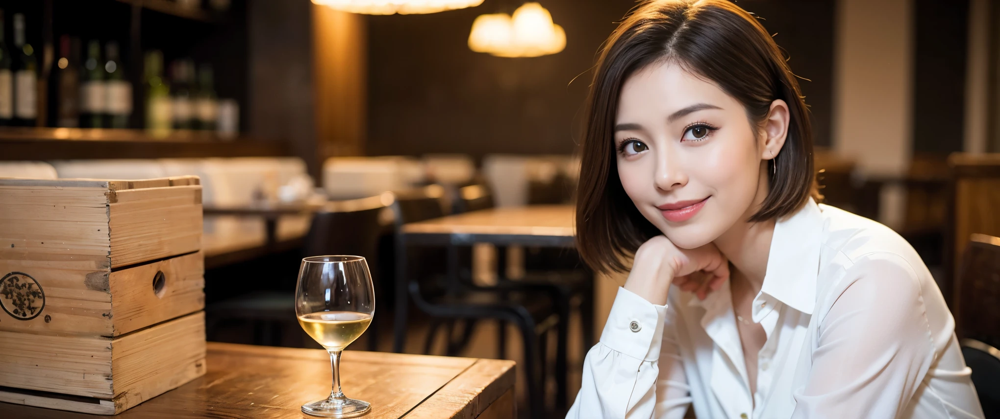 ((highest quality、8k、masterpiece:1.3))、Satomi Ishihara、1 male 1 female、Couple、Spouse、Couple、The body is slim、((Bob Hale、Straight hair:1.2)), (Realistic, Intricate details:1.2), テーブルの上のwine glass、Shine light on your face、 Amazing view of the sunset sky and clouds、Amazing mountain views、A bright smile、The wonderfulness of smile、Bright image、The beauty of wine, Beautiful Face, blue eyes, The light shines on your face, Blushing, short hair,Bright Face、 (Age 37), 39 years old, red wine 、Appetizers、Italian food、Wine bottle、Champagne、sparkling wine、Two beauties、Brown Hair、Shortcuts、Long sleeve shirt、dress、Pretty Woman 1, (slimな顔), (The body is slim), (Brown Hair), (Shortcuts), cheeks turn a little red,Attractive beauty、restaurant, In a prominent place (From the waist up) Nova Frog Style, actress, model, Upper Body, White wine, slim, wine glass, 中央に置かれたwine glass, smile, (smile: 1.15), Beautiful fine grain, Depth f/2,saturation, High Contrast, Strong light and shadow,Moist Body:1.5、3D texture、Delicate eyes、Brown Hair、The hair is very shiny、