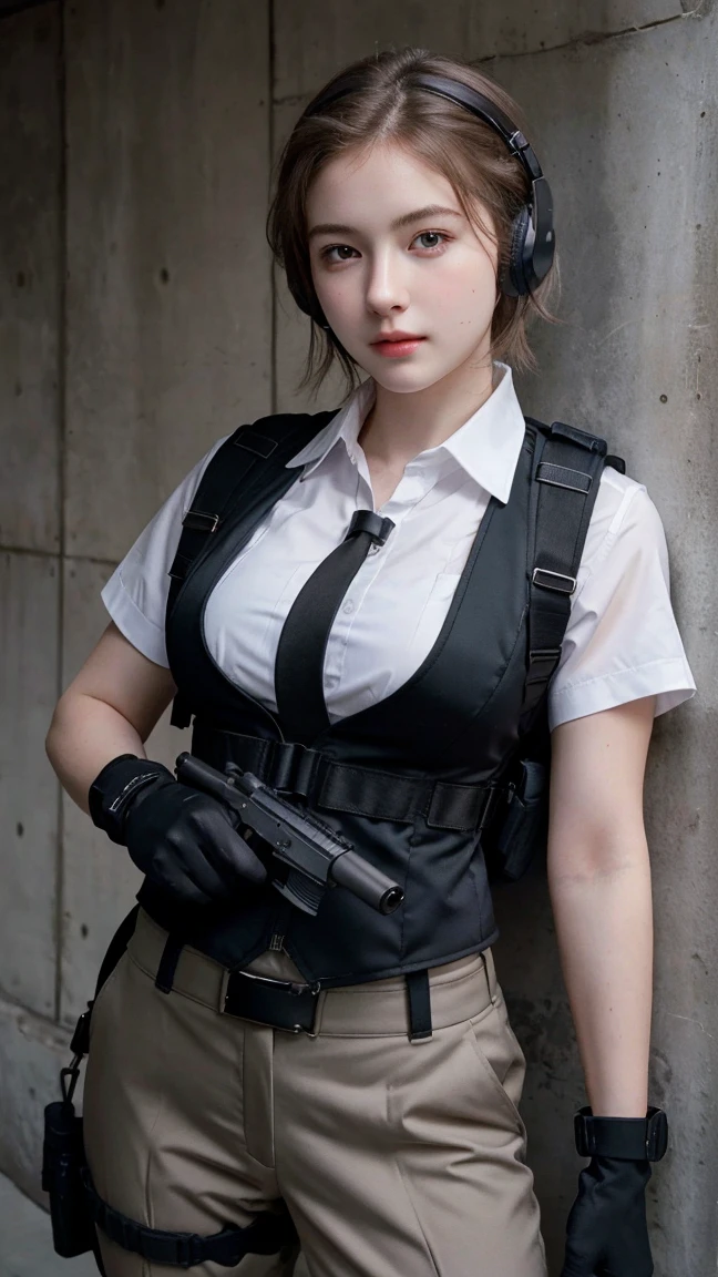 ((best quality)), photorealistic, photorealism, Photorealistic, high resolution, 1girl aiming with an assault rifle, Beautiful, Baby Face, 20 Years Old, White Skin, pale skin, Large Breasts, huge breast, Combat pose, looking at the camera, (Detailed face), short hair, sexy body, (wearing business suit, shirt, formal suit, tactical vests, military harness, black gloves, high-tech headset), revealed thigh, Gun, Fingers are occluded, concrete wall background,