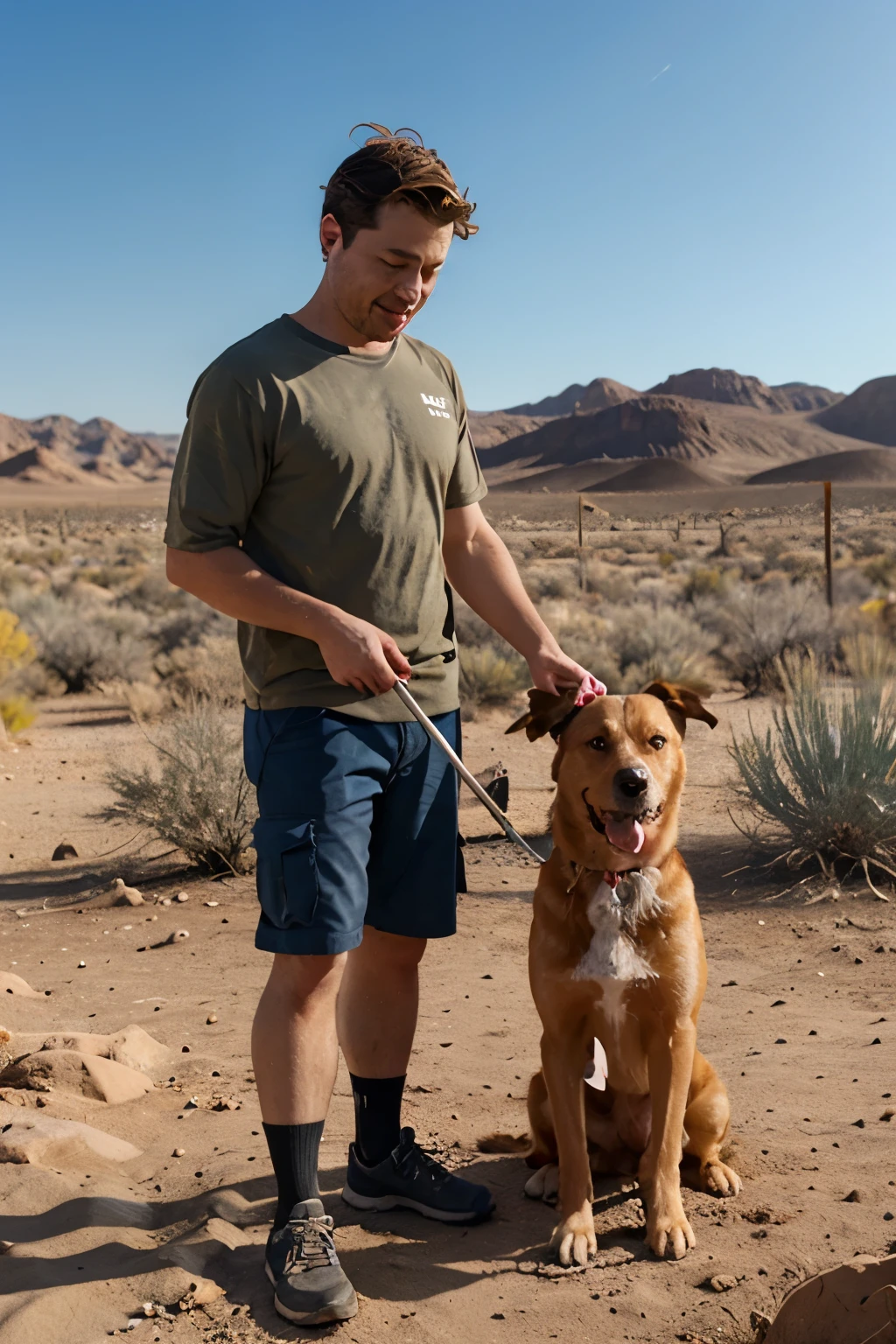Pixar style cartoon character male scooping dog poop in desert setting backyard with dog