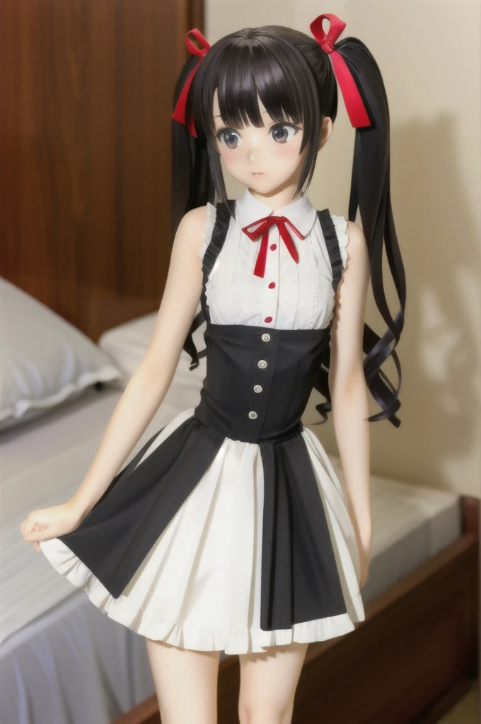 A woman with big ，Black long hair，twintails，Exquisite，Red ribbon，sleeveless，****ta skirt，Loose collar，Protruding lower chest，Slim waist，blush，bedroom，