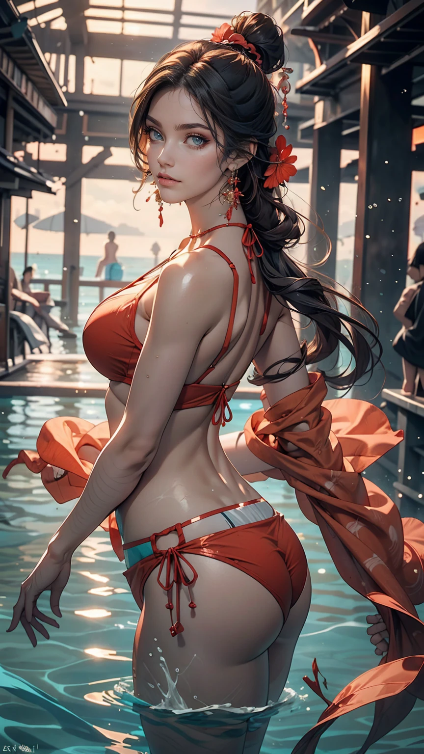 24 year old woman wearing red bikini、Diving in the tropical sea、Lots of coral and tropical fish swimming around、Hair floating in the sea