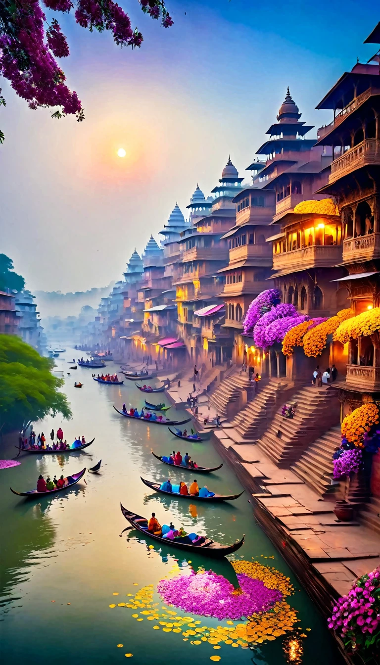 Imagine the serene banks of the Ganges River at dawn, where the soft light of the rising sun casts a golden glow upon the tranquil waters. Along the ghats, devotees gather to perform their morning rituals, their prayers mingling with the gentle lapping of the sacred river. In the distance, the ancient city of Varanasi rises gracefully, its ancient temples and palaces reflecting in the shimmering waters. As the day progresses, vibrant colors of life unfold along the riverbanks: boats carrying pilgrims, bustling markets selling colorful flowers and offerings, and children playing amidst the steps. Against the backdrop of the misty horizon, the Ganges flows serenely, embodying both the spiritual essence and vibrant energy of India's timeless river of life.