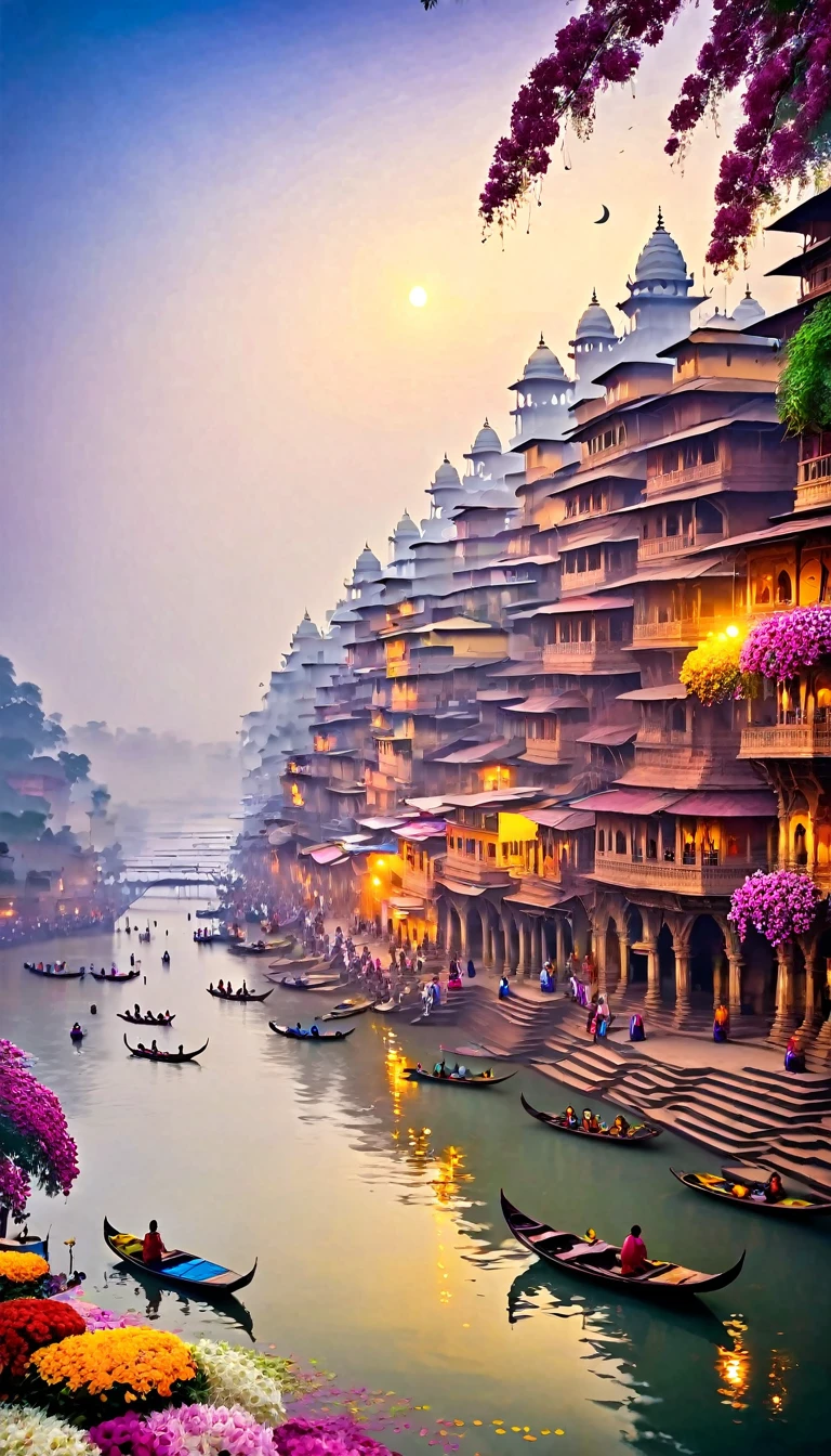 Imagine the serene banks of the Ganges River at dawn, where the soft light of the rising sun casts a golden glow upon the tranquil waters. Along the ghats, devotees gather to perform their morning rituals, their prayers mingling with the gentle lapping of the sacred river. In the distance, the ancient city of Varanasi rises gracefully, its ancient temples and palaces reflecting in the shimmering waters. As the day progresses, vibrant colors of life unfold along the riverbanks: boats carrying pilgrims, bustling markets selling colorful flowers and offerings, and children playing amidst the steps. Against the backdrop of the misty horizon, the Ganges flows serenely, embodying both the spiritual essence and vibrant energy of India's timeless river of life.