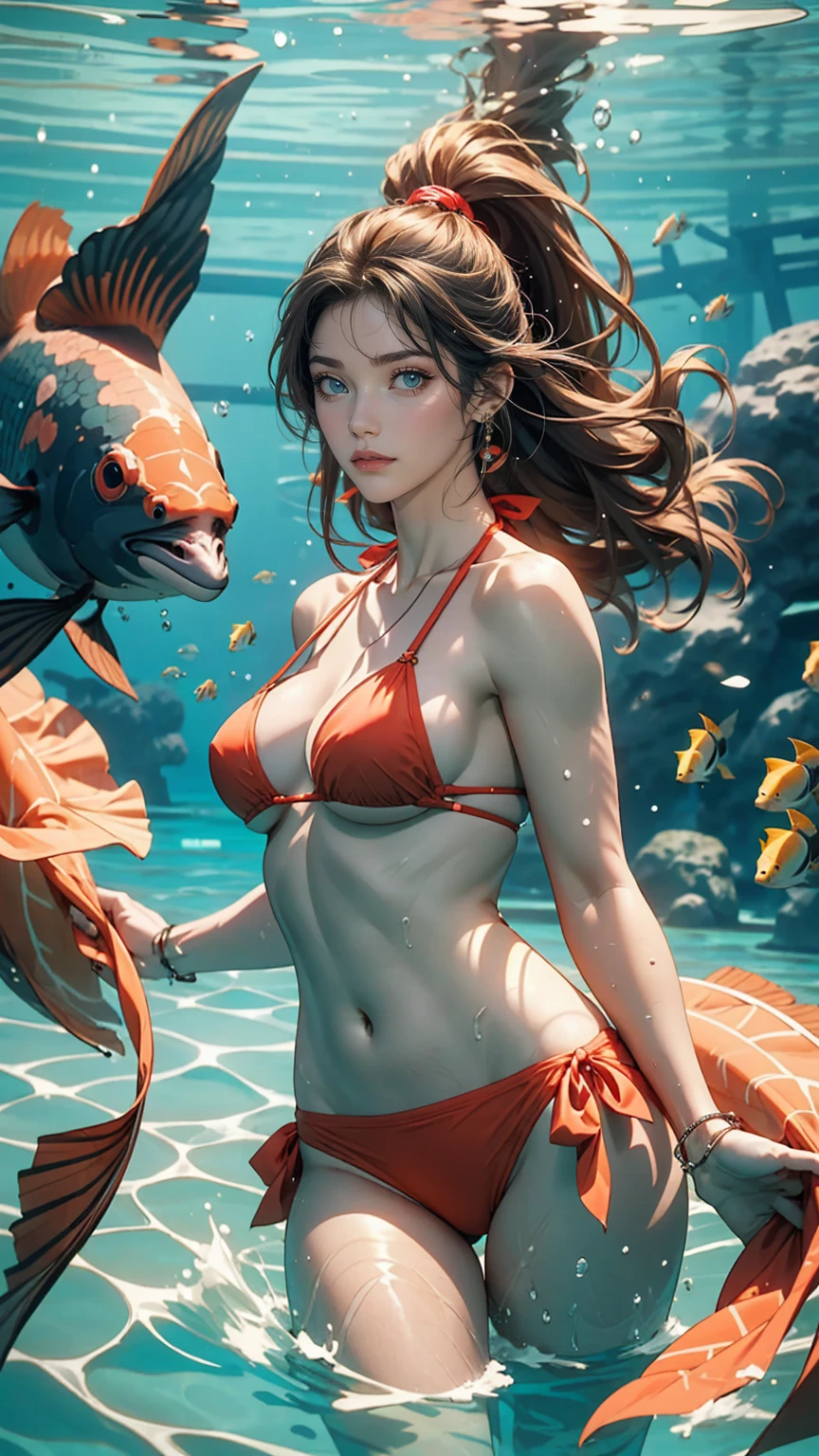 A beautiful girl, full bodyesbian,Hair floating underwater, Colorful underwater world and gorgeous underwater in the background, Surrounded by beautiful clownfish, Vortex of current, coral, seaweed,, Elegant action, cinema shot, Super Vision, Rich background, Realistic painting style, Style expressions, Asian face,