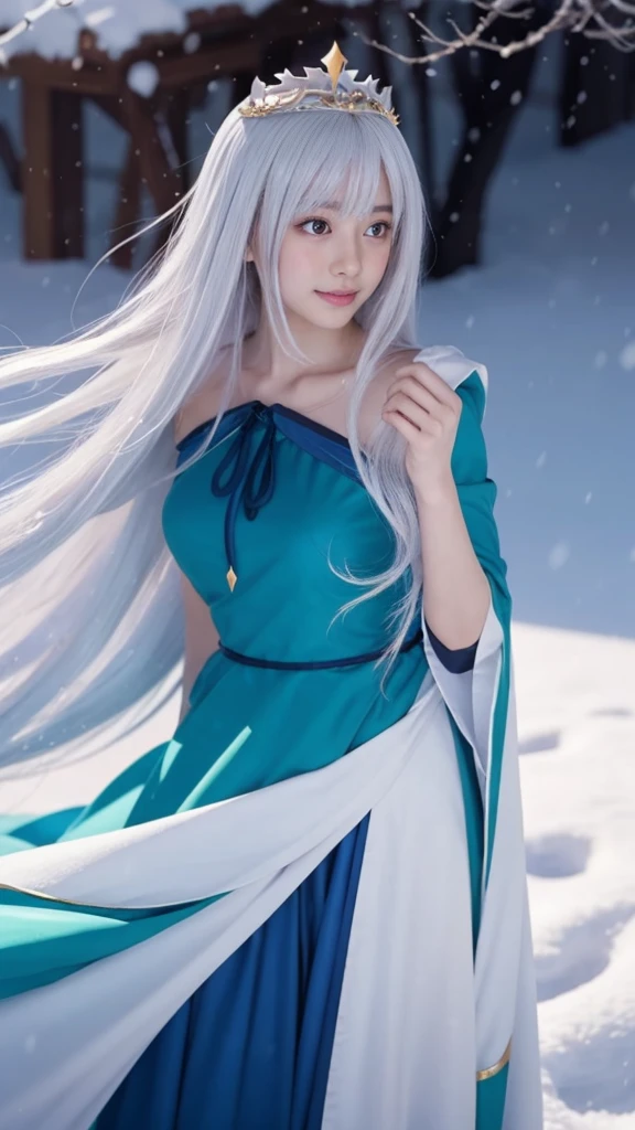 Anime girl with long white hair and blue dress in the snow, White-haired God, White hair floating in the air, Anime fantasy illustration, Flowing white hair, Beautiful young wind spirit, Beautiful fantasy anime, Shiny, flowing hair, Ethereal Anime, Beautiful anime artwork, Beautiful digital art, Anime fantasy artwork, ((Beautiful Fantasy Empress)), 2. 5 d cgi Anime fantasy artwork