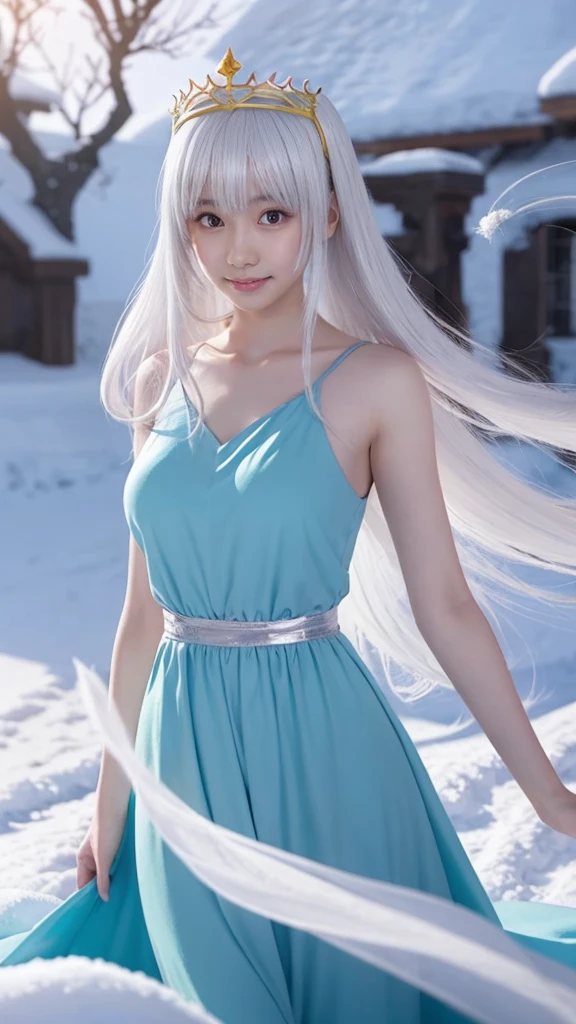 Anime girl with long white hair and blue dress in the snow, White-haired God, White hair floating in the air, Anime fantasy illustration, Flowing white hair, Beautiful young wind spirit, Beautiful fantasy anime, Shiny, flowing hair, Ethereal Anime, Beautiful anime artwork, Beautiful digital art, Anime fantasy artwork, ((Beautiful Fantasy Empress)), 2. 5 d cgi Anime fantasy artwork