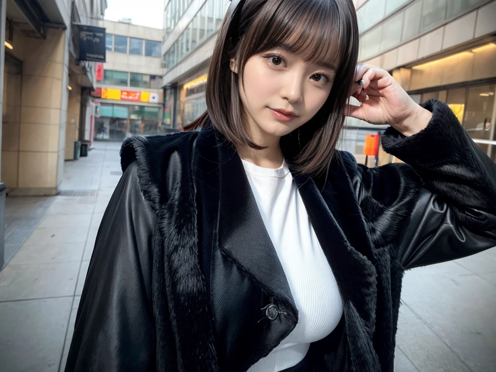 With bangs,Beautiful black hair,Woman with straight medium bob cut,,,21-year-old female,(((No hat))),Aspacarina,((Shy expression)),huge breasts,,Very beautiful eyes, ,(((Wearing a tattered black coat))),,(make:1.4),Big eyes,Hip Hop Dancer,Gangster style long pants,8k,High resolution,Gangster style,(head shot:1.5)