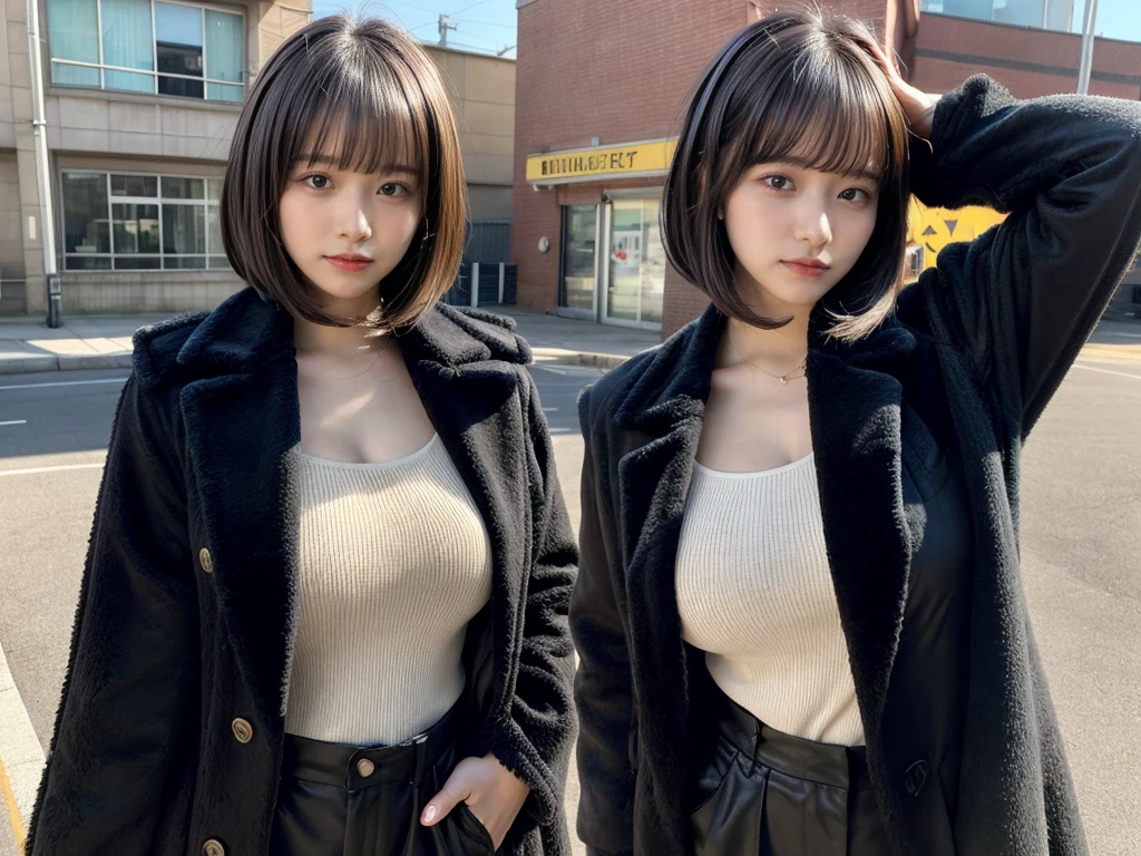 With bangs,Beautiful black hair,Woman with straight medium bob cut,huge breasts,,21-year-old female,(((No hat))),Aspacarina,((Shy expression)),huge breasts,,Very beautiful eyes, ,(((Wearing a tattered black coat))),,(make:1.4),Big eyes,Hip Hop Dancer,Gangster style long pants,8k,High resolution,Gangster style,(head shot:1.5)