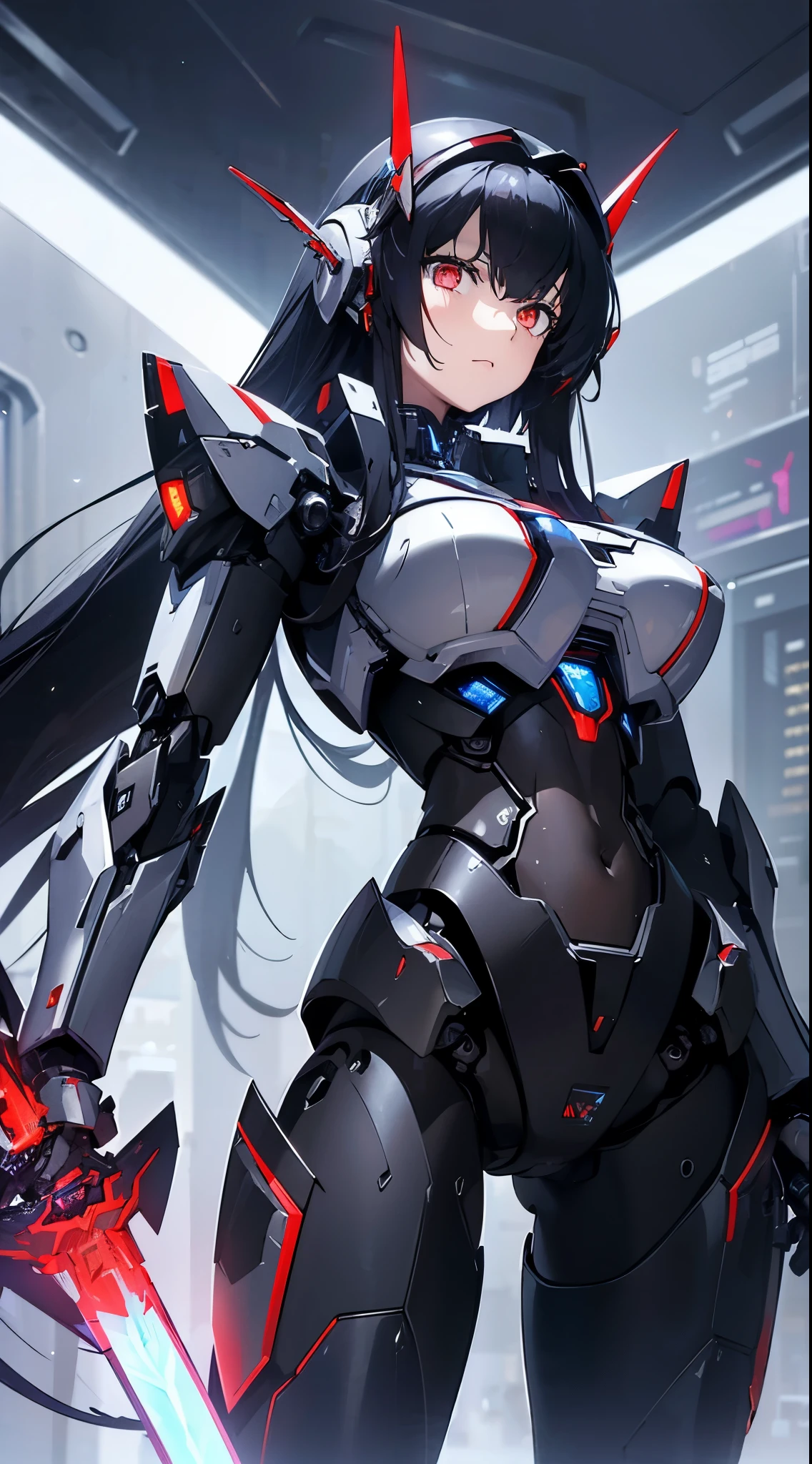 Machine eyes glowing red、Expressionless